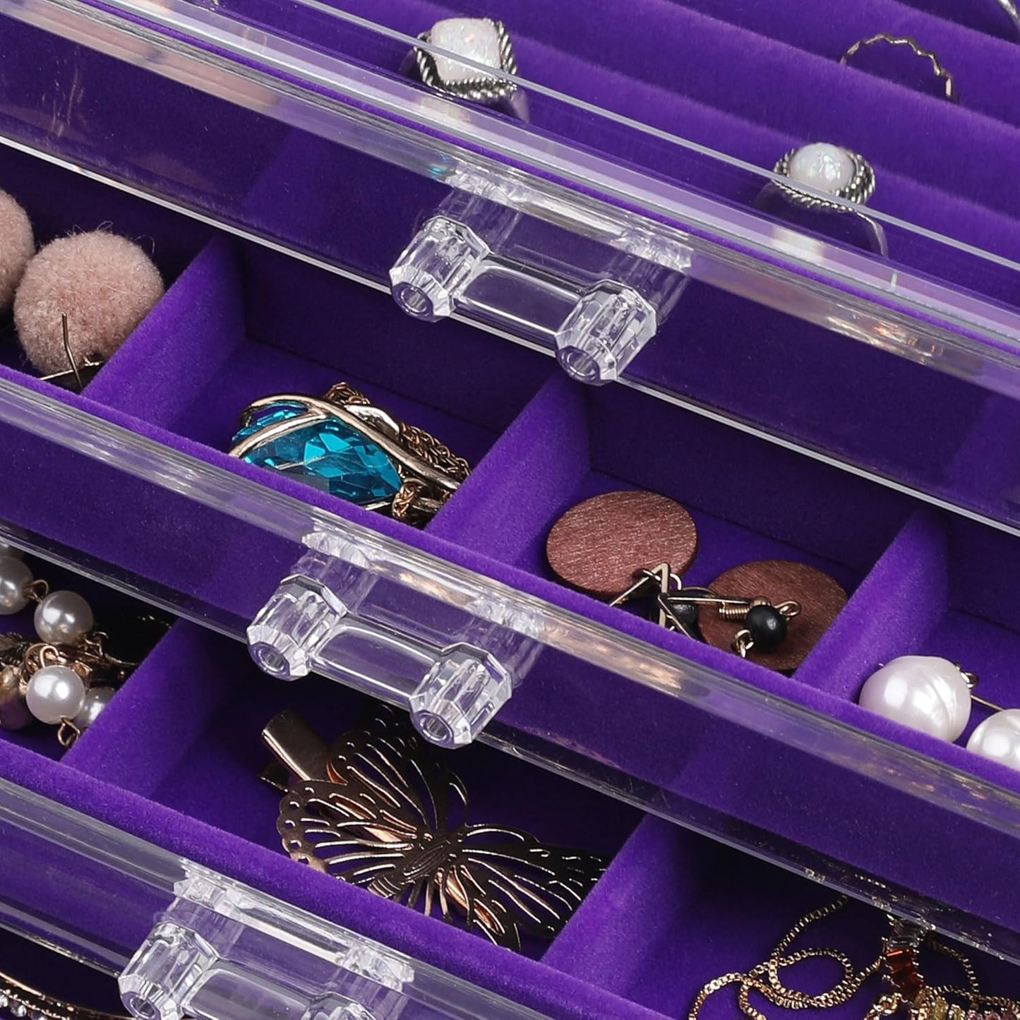Frebeauty Extra Large Acrylic Jewelry Box for Women 5 Layers Clear Jewelry Organizer Velvet Earring Box with 5 Drawers Rings Display Case Necklaces Holder Tray for Women Girls(Purple)