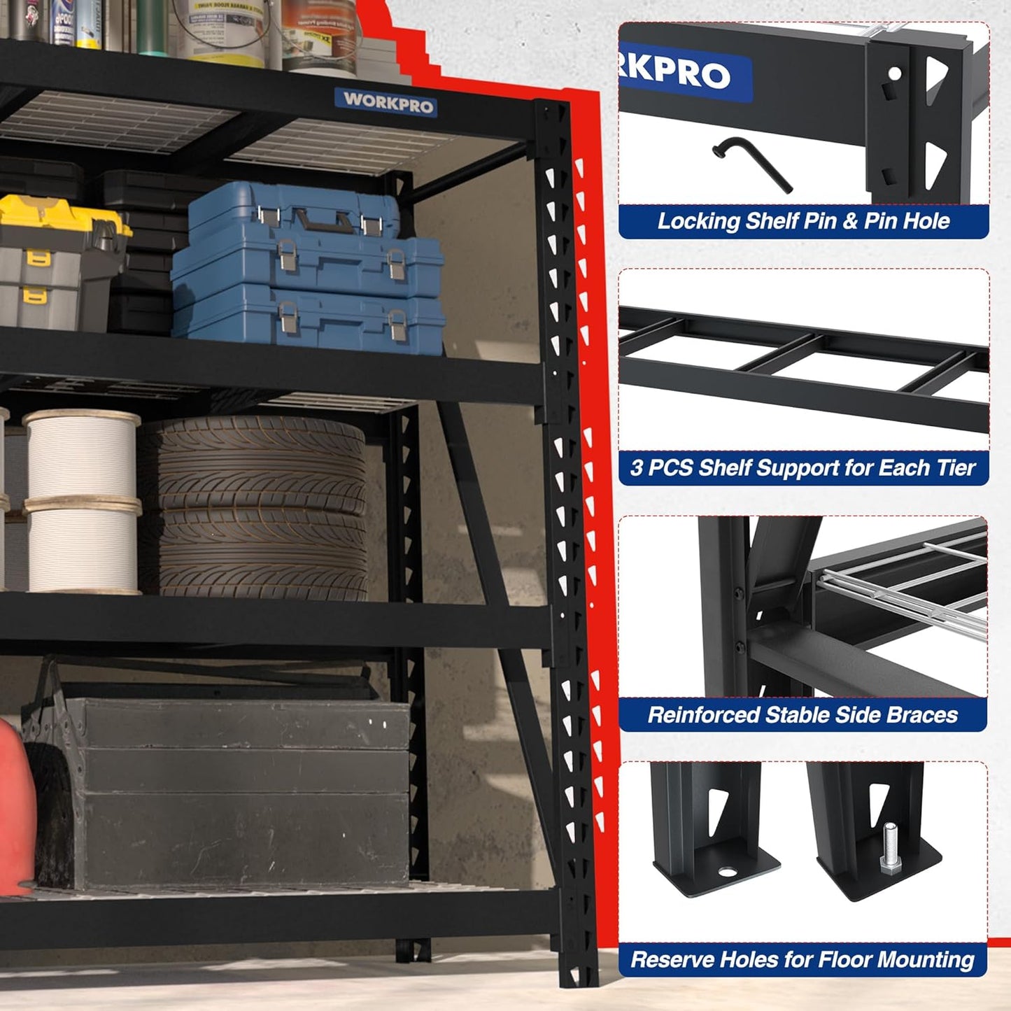 WORKPRO Garage Shelving, 68" W x 24" D x 65" H, 7200 LBS Load, Heavy Duty Metal Shelves for Storage, Industrial Storage Rack for Warehouse Kitchen Shop Basement, Black, Pack of 1