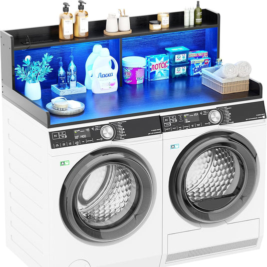Aheaplus Washer and Dryer Countertop, 2-Tier Laundry Countertop Cover with LED Lights and Power Strip, Large Space Laundry Topper with Shelf for Laundry Room Organization, Black