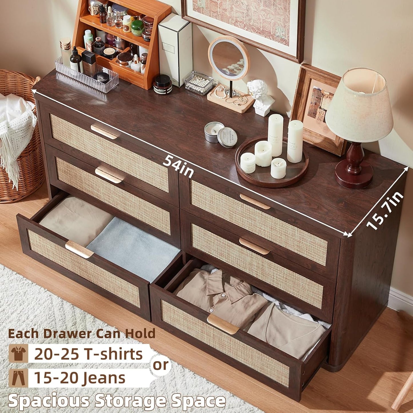 LEYAOYAO Rattan 6 Drawer Dresser for Bedroom, 54" Wide Boho Chest of Drawers, Wooden Dressers TV Stand with Metal Handle, Storage Closet Organizer for Living Room, Hallway, Walnut