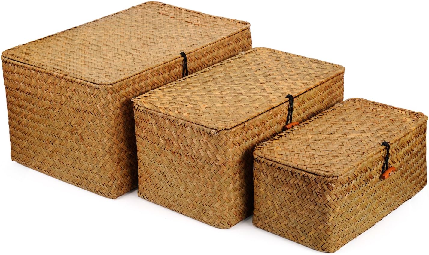 DOKOT Woven Wicker Storage Bins with Lid, Seagrass Basket for Shelf Organizer, Extra Large, Set of 3