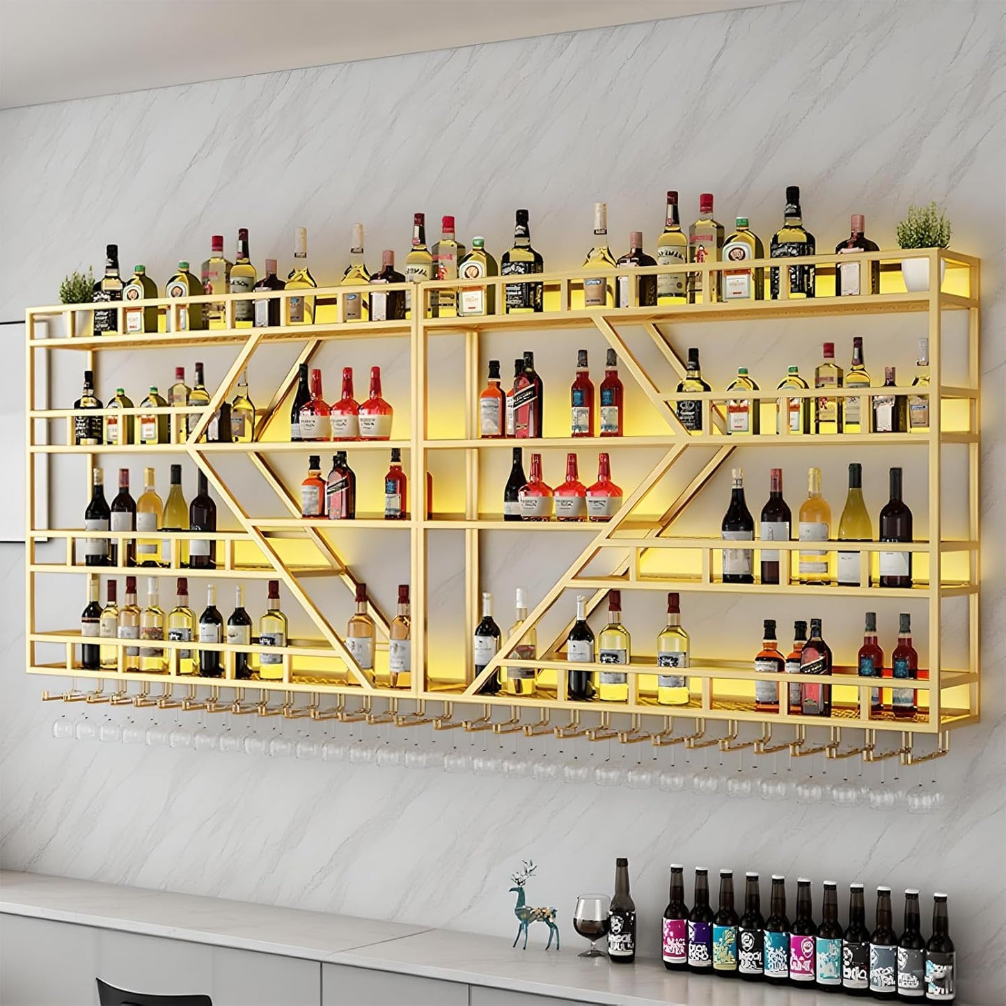63in Metal Wine Rack Wall Mounted, Modern Wine Storage Rack Wall Mounted with Wine Glass Holder, Liquor Shelf, Bar Shelves for Liquor Bottles (4 Tiers Gold, 63 * 7.87 * 48.5INCH)