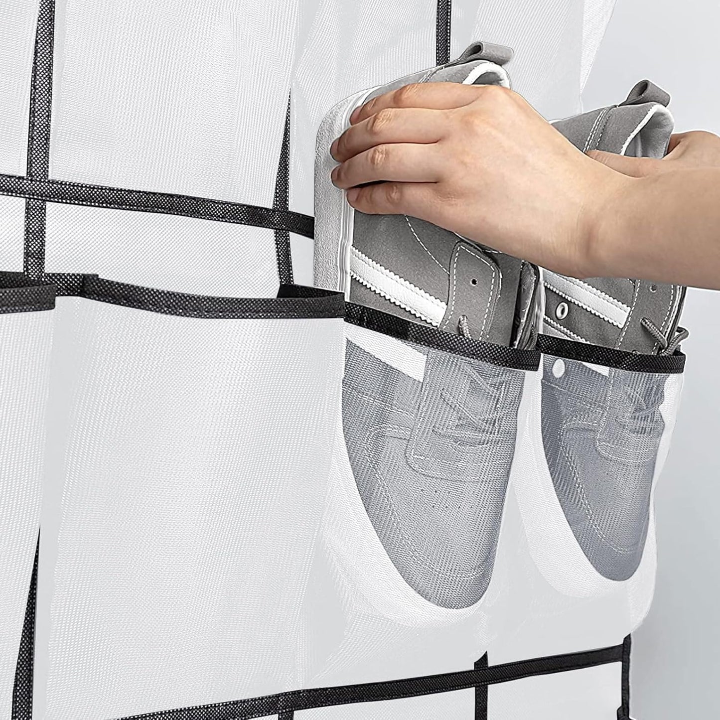 Over the Door Shoe Organizer, Hanging Shoe Organizer with 28 Mesh Large Pockets Door Shoe Rack Organizer, Space Saving Hanging Storage Holder, Hangs on Closets for Shoes, Accessories, White