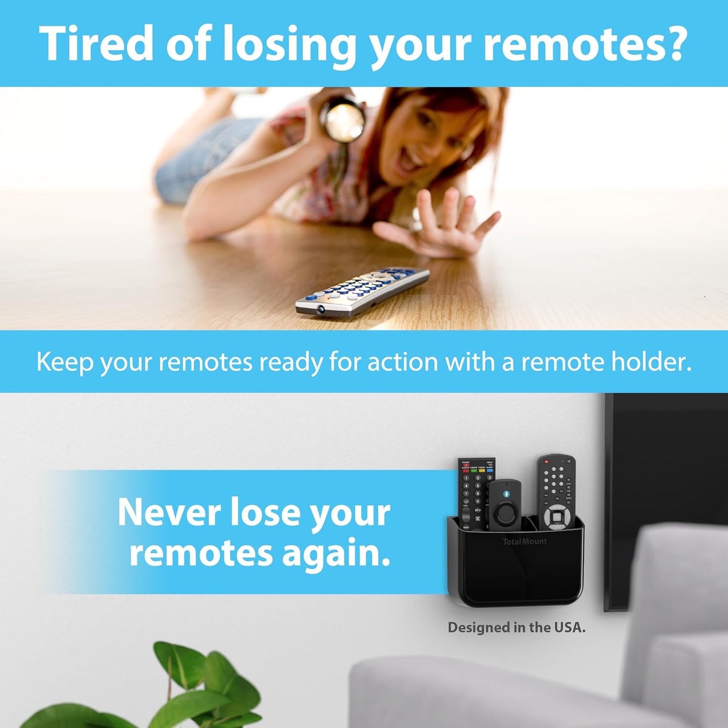 TotalMount Hole-Free Remote Holder – Eliminates Need to Drill Holes in Your Wall (Premium Black Holder for 2 or 3 Remotes)