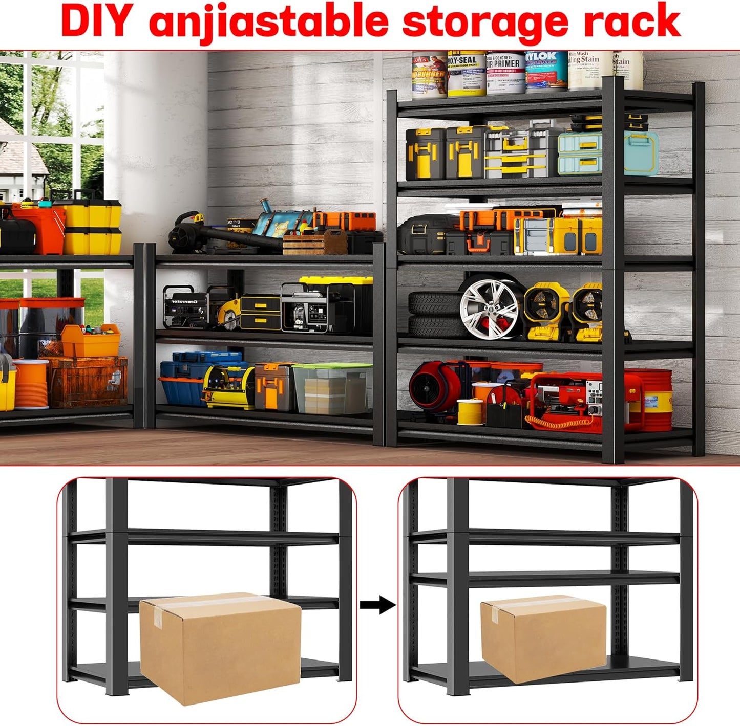 Metal Garage Shelving Unit, Heavy Duty 5-Tier Adjustable Storage Rack, Steel Shelving, 3020 lbs Capacity, Industrial Shelves for Heavy Tools and Equipment, Ideal for Garage, Basement, Black, 72"