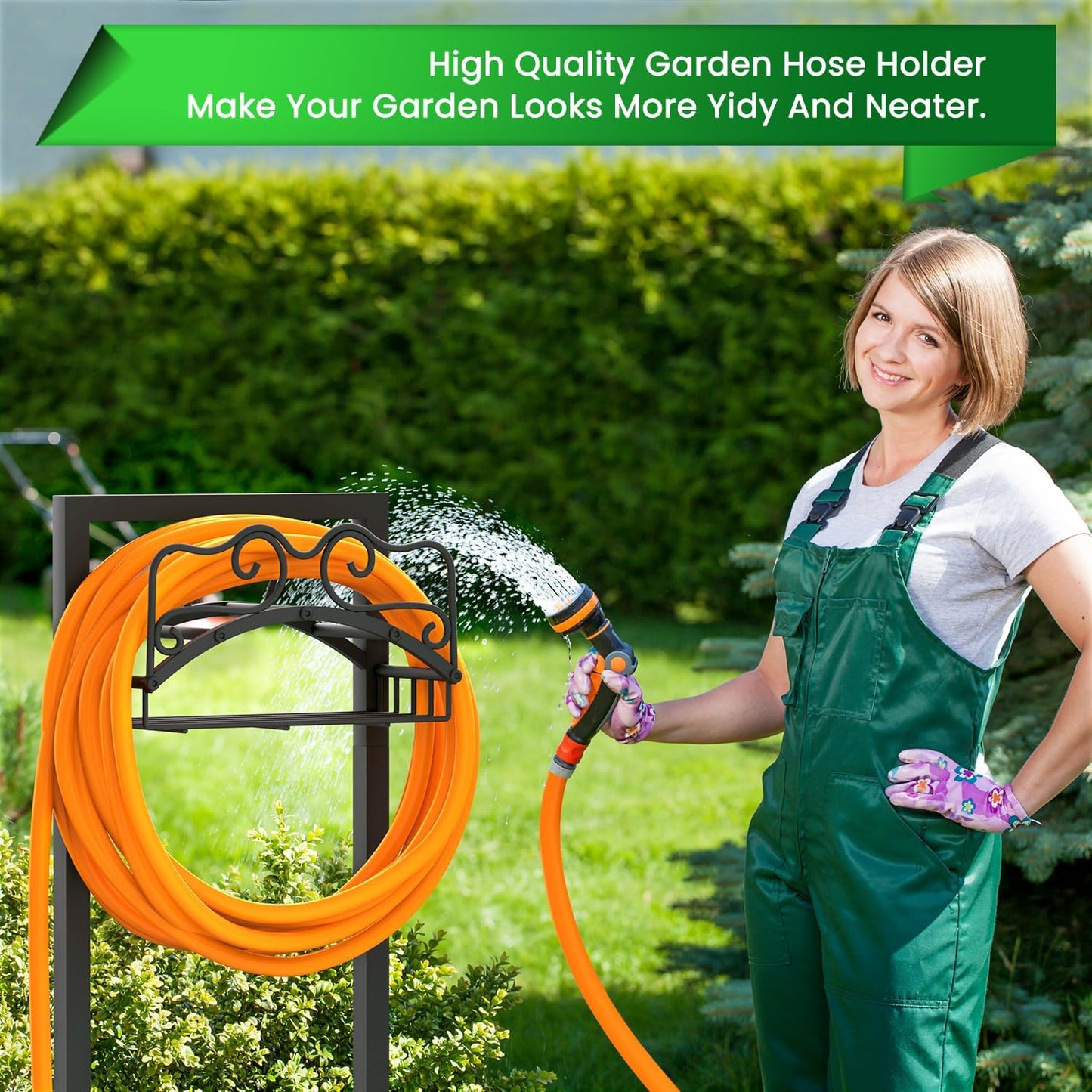 Garden Hose Holder, Heavy Duty Metal Water Hose Holder with 4 Spikes Outdoor Freestanding Hose Hanger Detachable Sturdy Hose Stand Holds 150-feet Hose, Garden Hose Storage Rack for Outside Yard Lawn