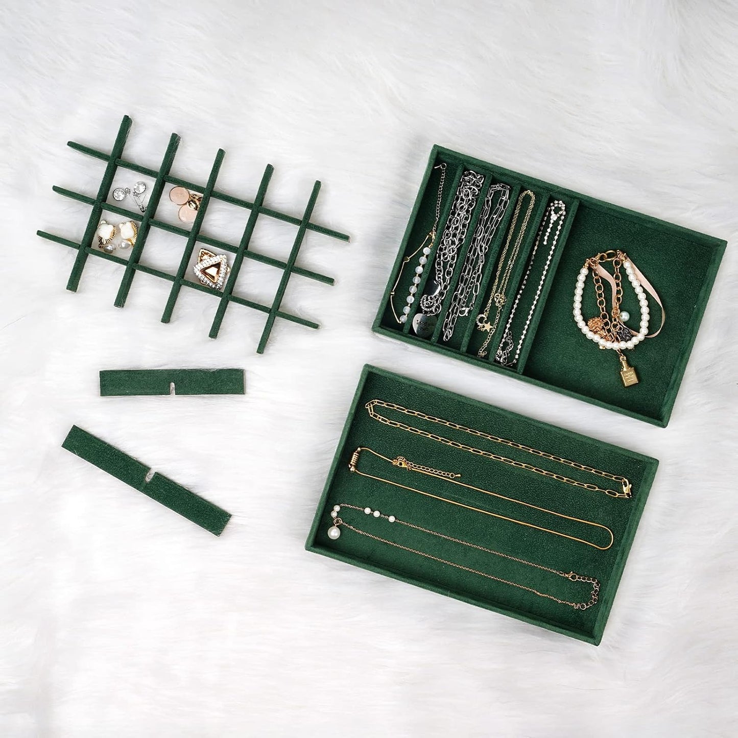 ProCase Stackable Jewelry Organizer Trays for Drawers, Jewelry Drawer Inserts Container Display Case Storage for Earring Necklace Rings Bracelet with Removable Dividers -Green, 4 Layers
