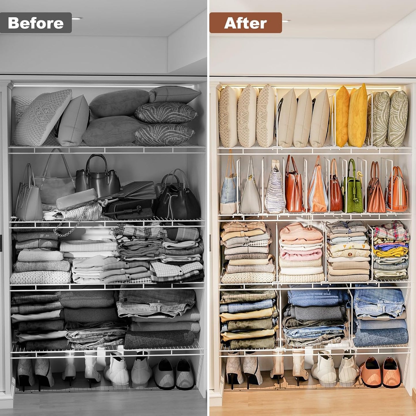 Wire Shelf Dividers for Closet: Tall 16 Pack 12-Inch Deep Adjustable Organizer for Shelves,Metal Rack Separator for Clothes, Purses & Bags，No Tool