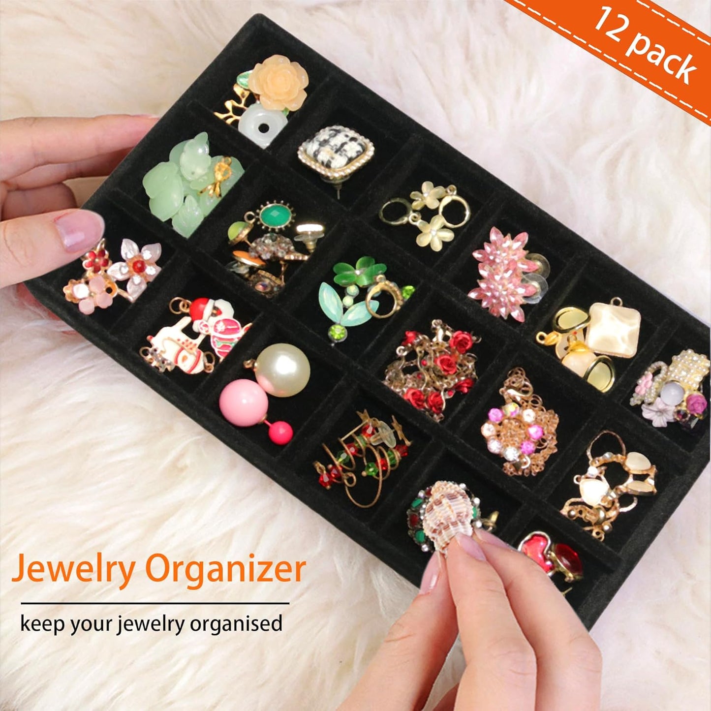 216 Grids Jewelry Drawer Organizer Tray 12 Pack Stackable Velvet Jewelry Trays Removable Dividers for Earring Rings Storage Plate