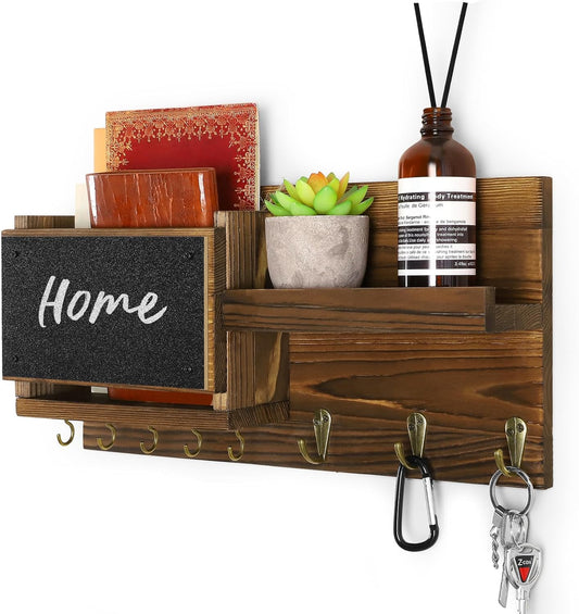 Decorative Key Hanging Rack with 8 Hooks – Easy Install Natural Wooden Key and Mail Holder for Wall Mount – Sunglasses Wallet Holder Entryway Decor with Shelf and Chalkboard (Brown)