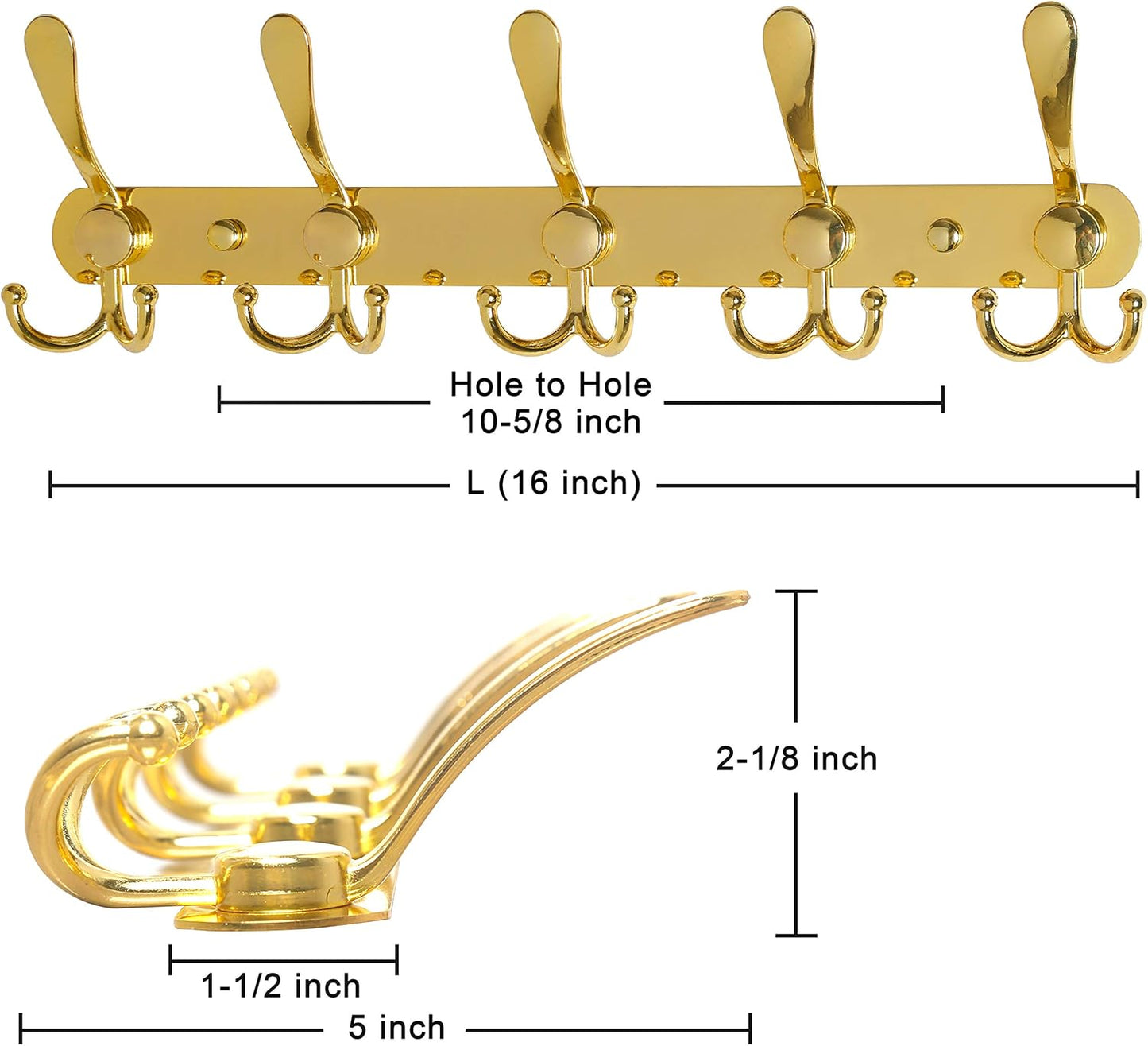 Dseap Coat Rack Wall Mounted - 5 Tri Hooks, Heavy Duty, Stainless Steel, Metal Coat Hook Rail for Coat Hat Towel Purse Robes Mudroom Bathroom Entryway (Gold, 2 Packs)