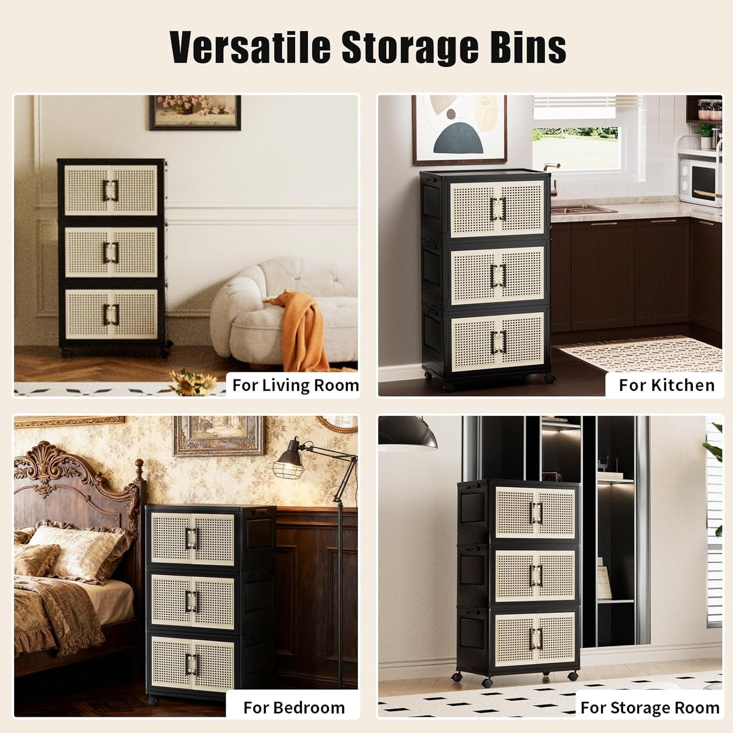 Stackable Storage Bins with Lids,Collapsible Plastic Storage Box Closet Organizers and Storage with Wheels and Magnetic Door for Home Office Dorm (4 Pack)