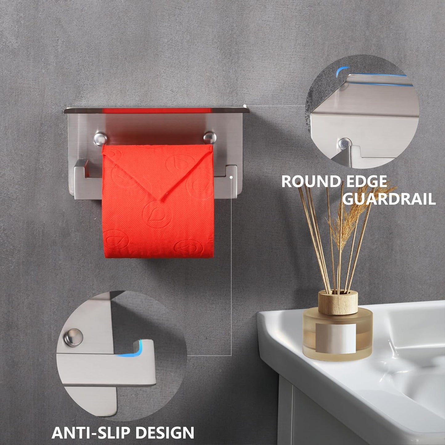 LANC Toilet Paper Holder with Shelf Brushed Nickel Toilet Tissue Roll Holder with Wipes Shelf for Bathroom Wall Mounted and Self-Adhesive Toilet Paper Roll Holder Stainless Steel, A8367BN