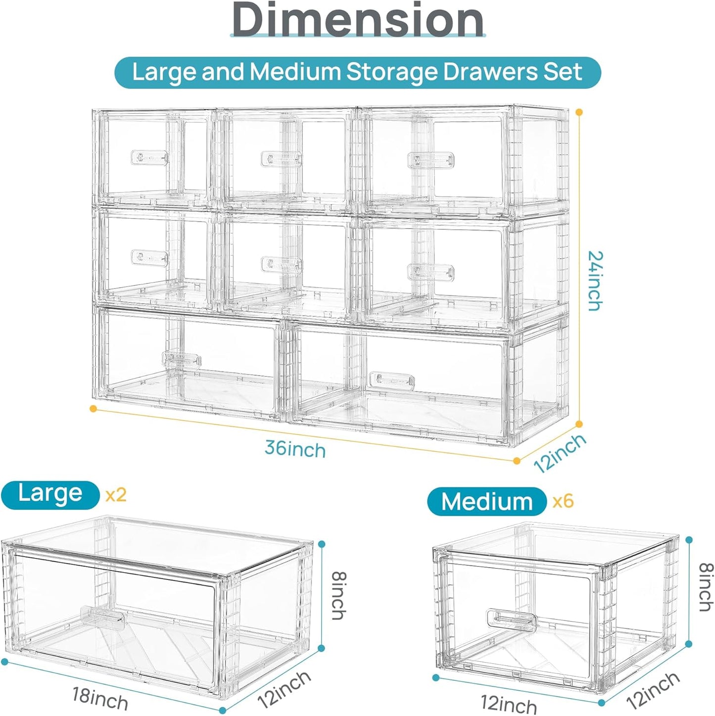 Vtopmart 8-Piece Large & Medium Stackable Drawer Organizer Set, 162QT Clear Storage Cabinet with Easy Assembly, Durable Drawers for Closet, Bedroom, Entryway, Playroom & Apartment Organization