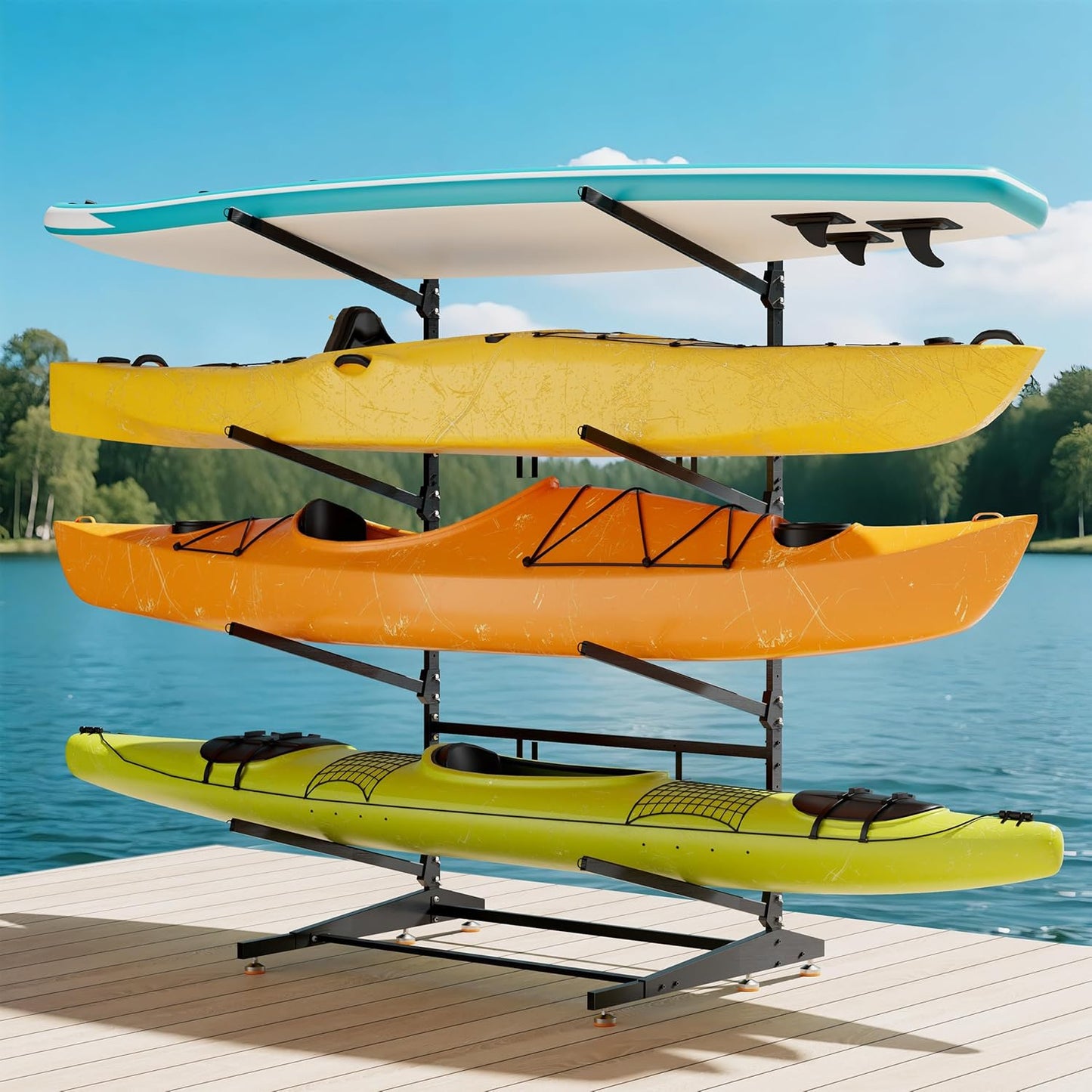 Kayak Storage Rack, Heavy-Duty Outdoor Canoe Rack, Reinforced, Thickened, and Enhanced Rust Resistance, Holds 440 lbs, for Safe Indoor and Outdoor Kayak Storage(4-Tier, Black)