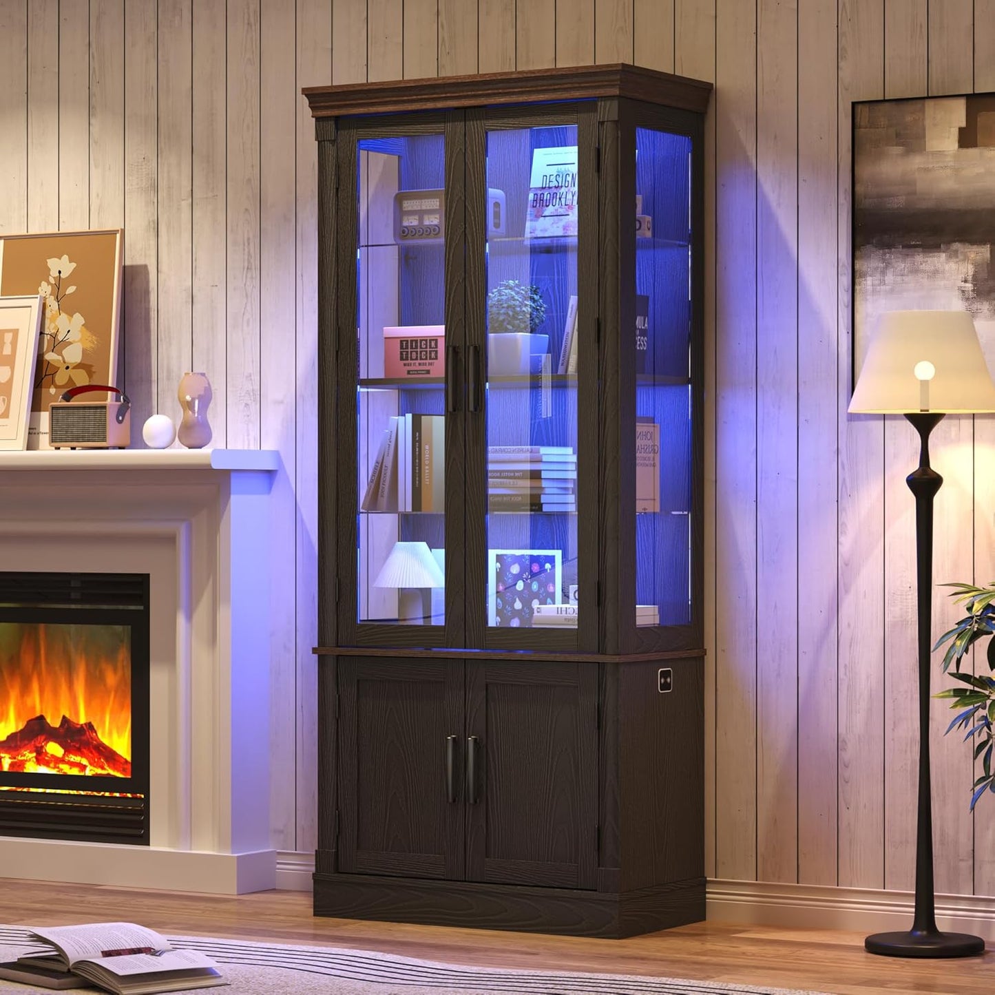 St.Mandyu 71" Tall Display Cabinet with Glass Doors, 4-Tier Lighted Curio Cabinets with 2 Storage Doors and Metal Handle for Living Room, Home, Kitchen, Black