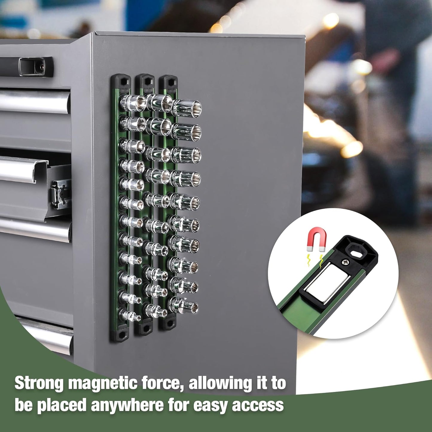 WORKPRO Magnetic Socket Organizer, 1/2-Inch Drive Aluminum Alloy Socket Rail, Heavy Duty Socket Holder, Socket Rack Kit 1/2-Inch x 10 Clips Green (Socket not Included)