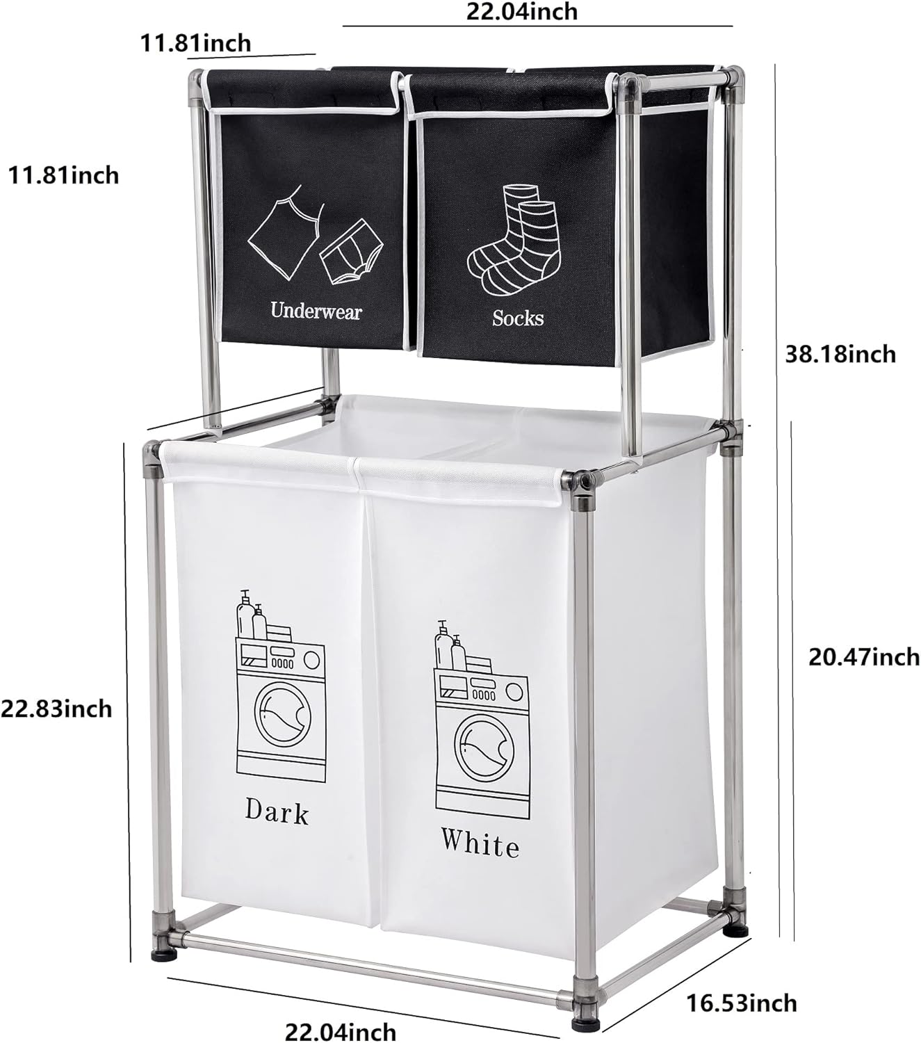 2 Tier Laundry Sorter with 4 Removable Bags for Organizing Clothes - Large Freestanding Laundry Hamper - Laundry Basket for Dirty Clothes in Laundry Room