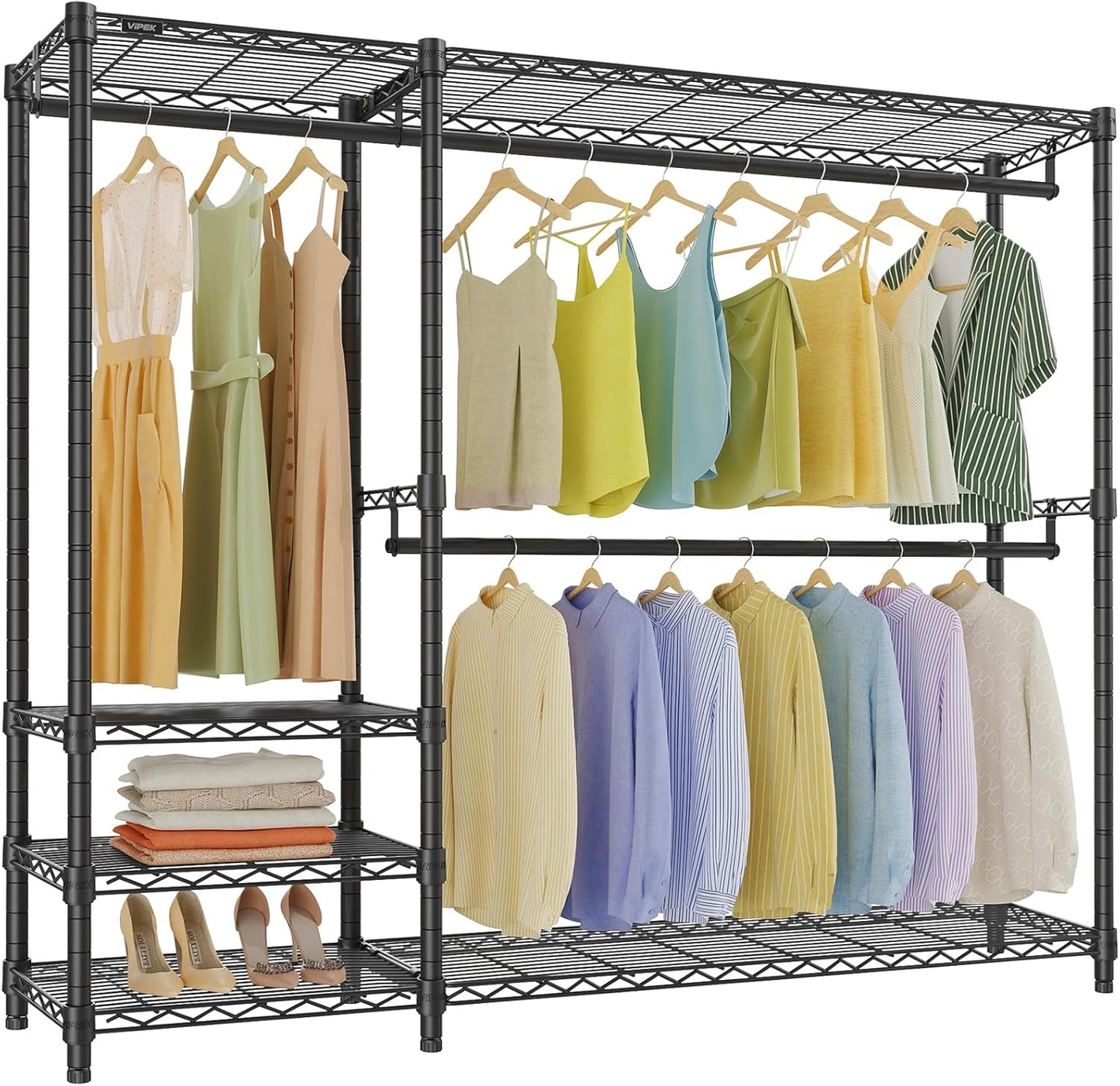 VIPEK V2 Plus Heavy Duty Clothes Rack, Portable Metal Clothing Racks with 4 Tiers Adjustable Wire Shelving & 3 Hanging Rods, Freestanding Closet Rack, Max Load 886LBS, Black