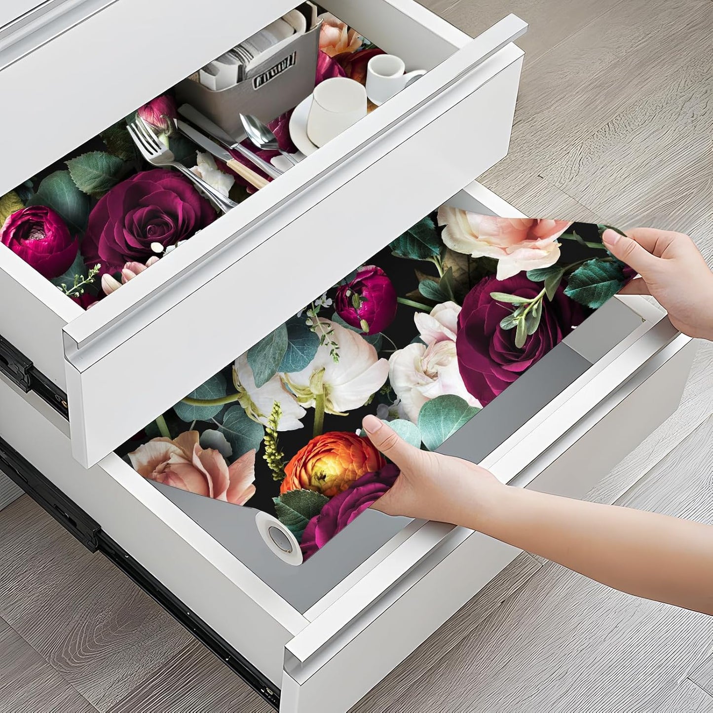 Floralplus Shelf and Cabinet Liner Self Adhesive Drawer Liner Waterproof Peel and Stick Contact Paper for Kitchen Vintage Floral Liners Wallpaper for Cupboard Dresser 17.7 x 78.7 in