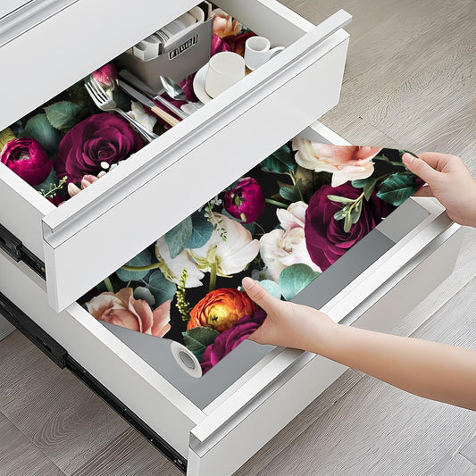 Floralplus Shelf and Cabinet Liner Self Adhesive Drawer Liner Waterproof Peel and Stick Contact Paper for Kitchen Vintage Floral Liners Wallpaper for Cupboard Dresser 17.7 x 78.7 in