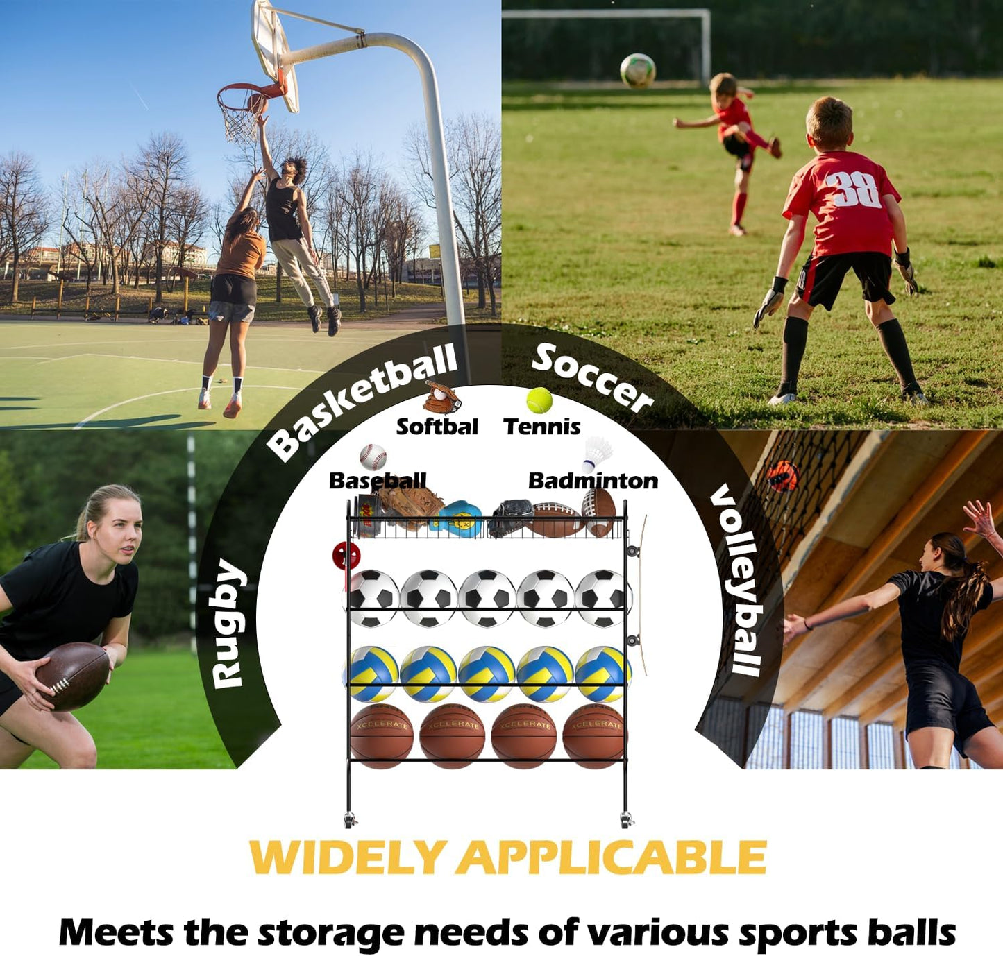Ball Storage - Basketball Cart With Wheels Garage Volleyball Storage Sport Equipment Holder Organizer For Indoor Outdoor,Metal Storage Rack For Playgroup,Gym And School