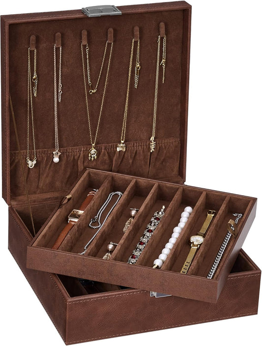 BEWISHOME Necklace Organizer Box, 2-Layer Jewelry Box to Save Space, Modern Style Necklace Storage Box, Brown Necklace and Bracelet Holder for Women, Girls, SSH31Z