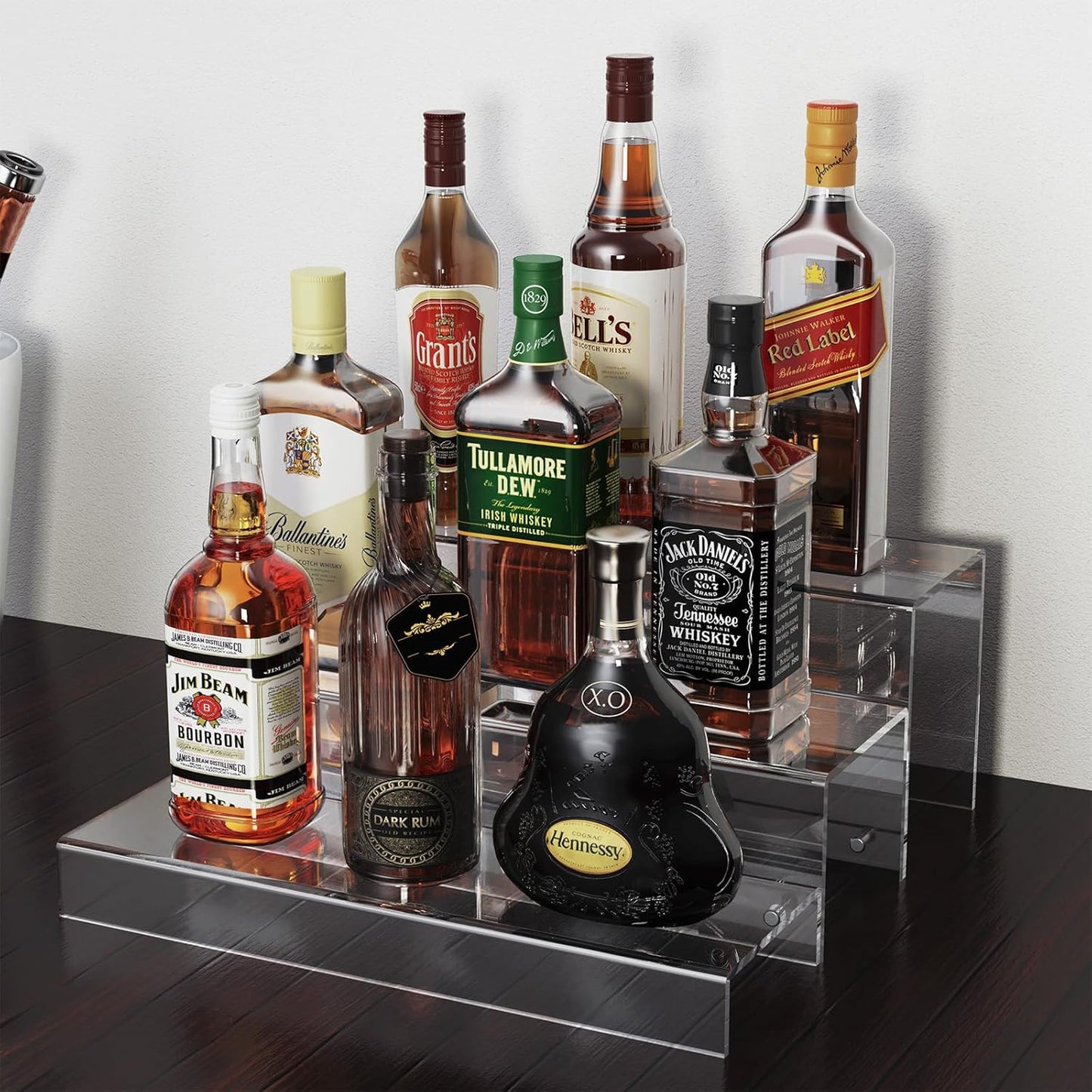 2 Pack Tiers Bar Shelves for Liquor Bottles, 15" Clear Acrylic Risers Display Racks Stands for Figures Pops Cupcake Perfume Collections (Clear)