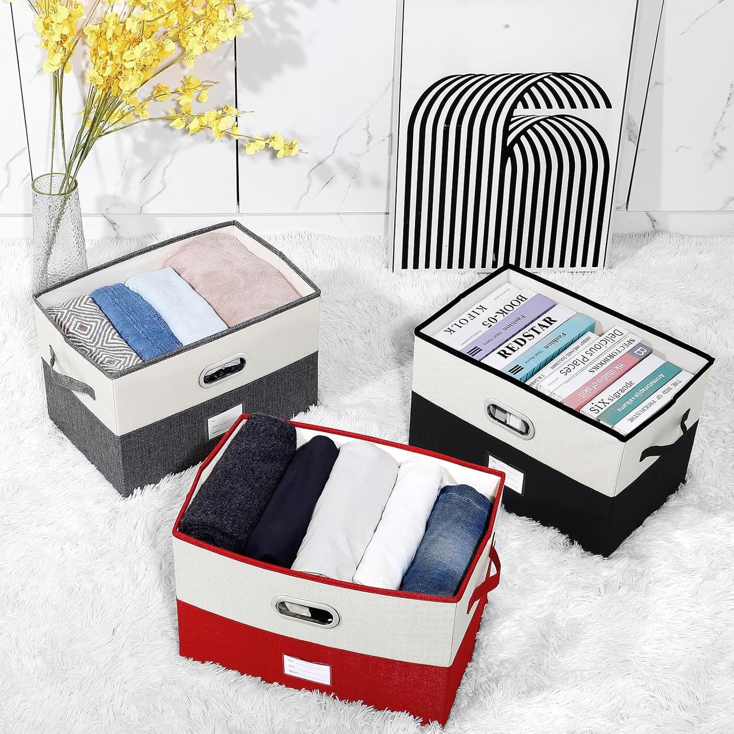 Large Linen Fabric Foldable Storage Bins with Removable Lid and Handles, Washable Storage Box Organizer Containers Baskets Cube with Cover for Bedroom,Closet,Office(Black&White, Large(2-Pack))