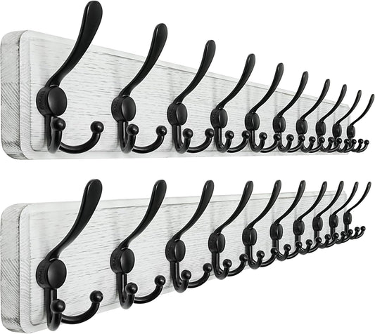 Dseap Coat Rack Wall - Heavy-Duty 38-1/4" Long, with Reinforced 10 Custom Tri-Hooks, Solid Wood Wall Hanger for Coats Hat Jackets - Rustic Farmhouse Entryway Storage, White & Black, Pack of 2