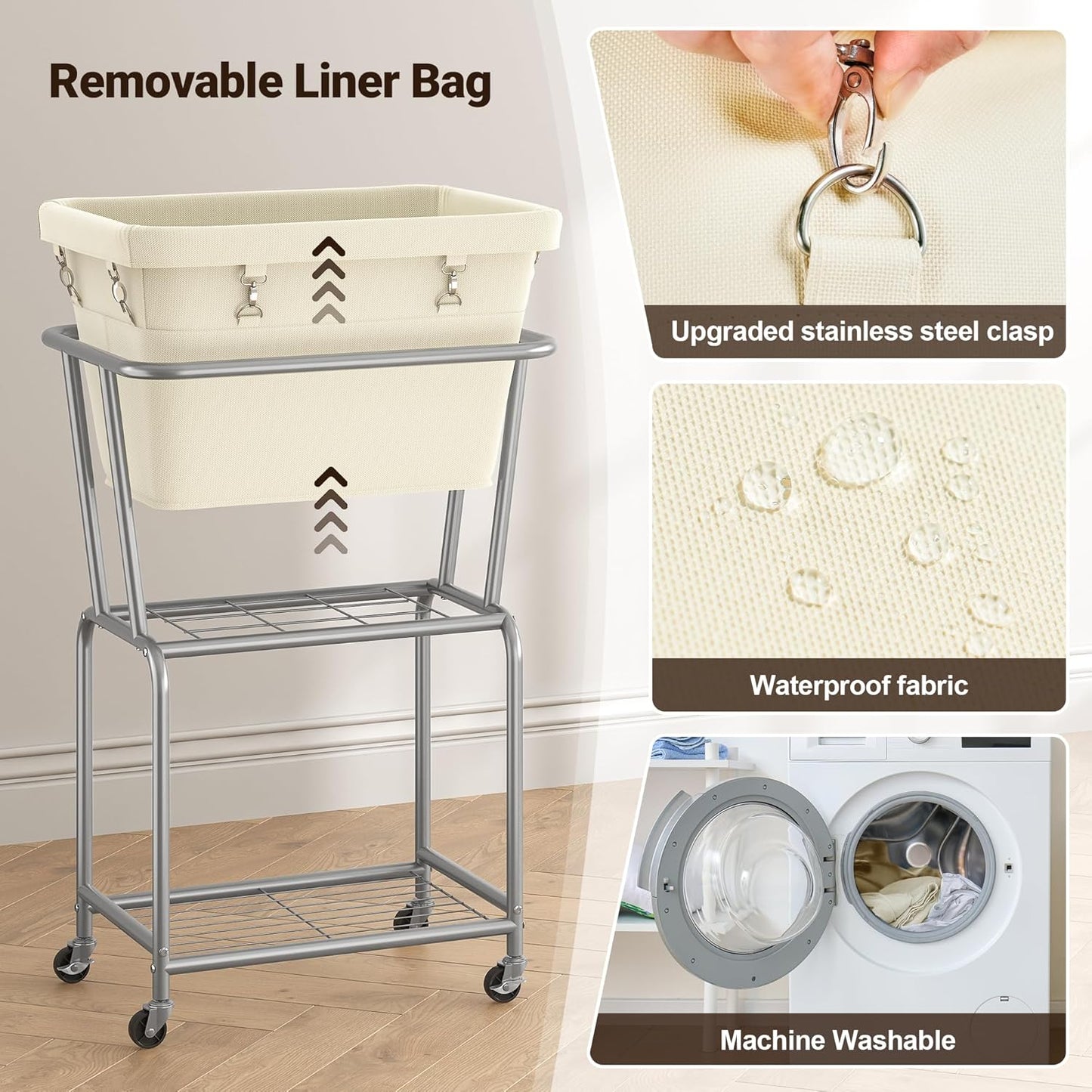ELYKEN Laundry Cart with Wheels, Rolling Laundry Hamper with Removable Bag and Shelf, Metal Frame Laundry Basket with 4 Casters and 2 Brakes, Ideal for Bedroom, Bathroom, Laundry Room, Cream