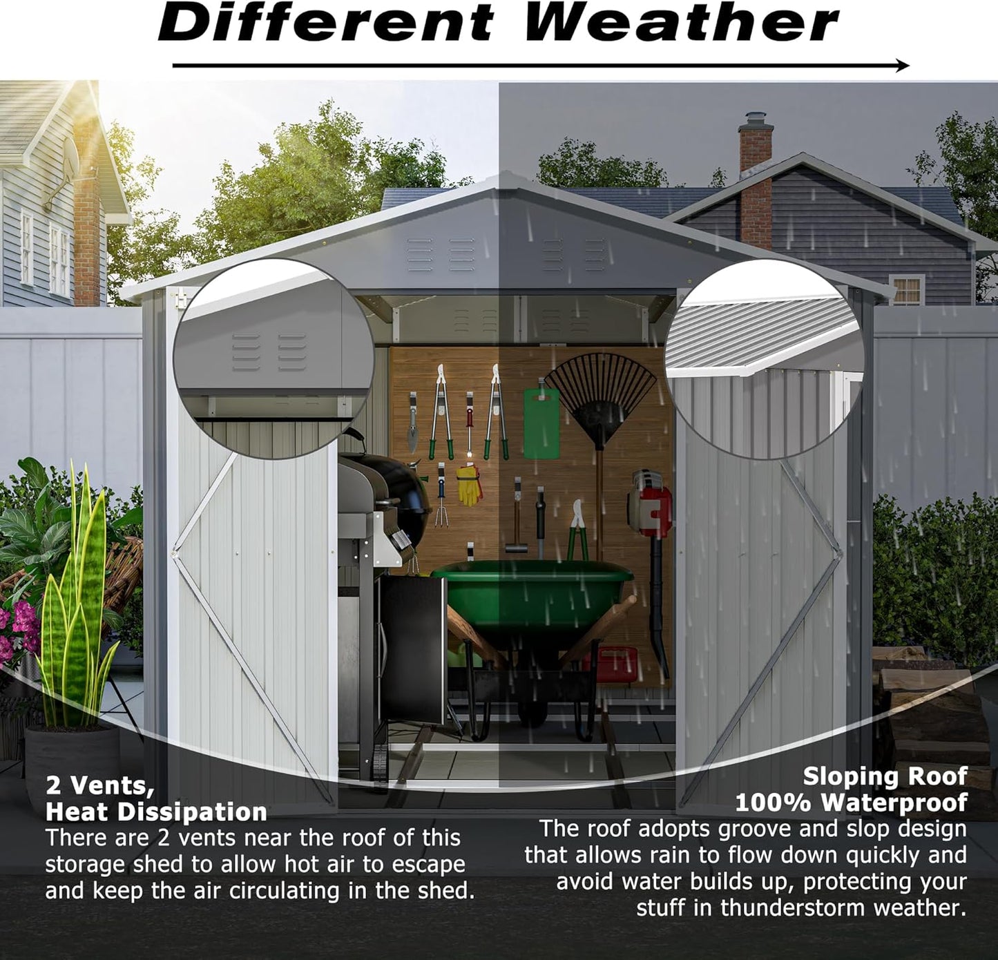 8x12 FT Outdoor Storage Shed with Gable Roof, Lockable Double Doors & Adjustable Side Door, Weatherproof with Frame Floor, Large Metal Utility Shed for Garden, Backyard, Patio
