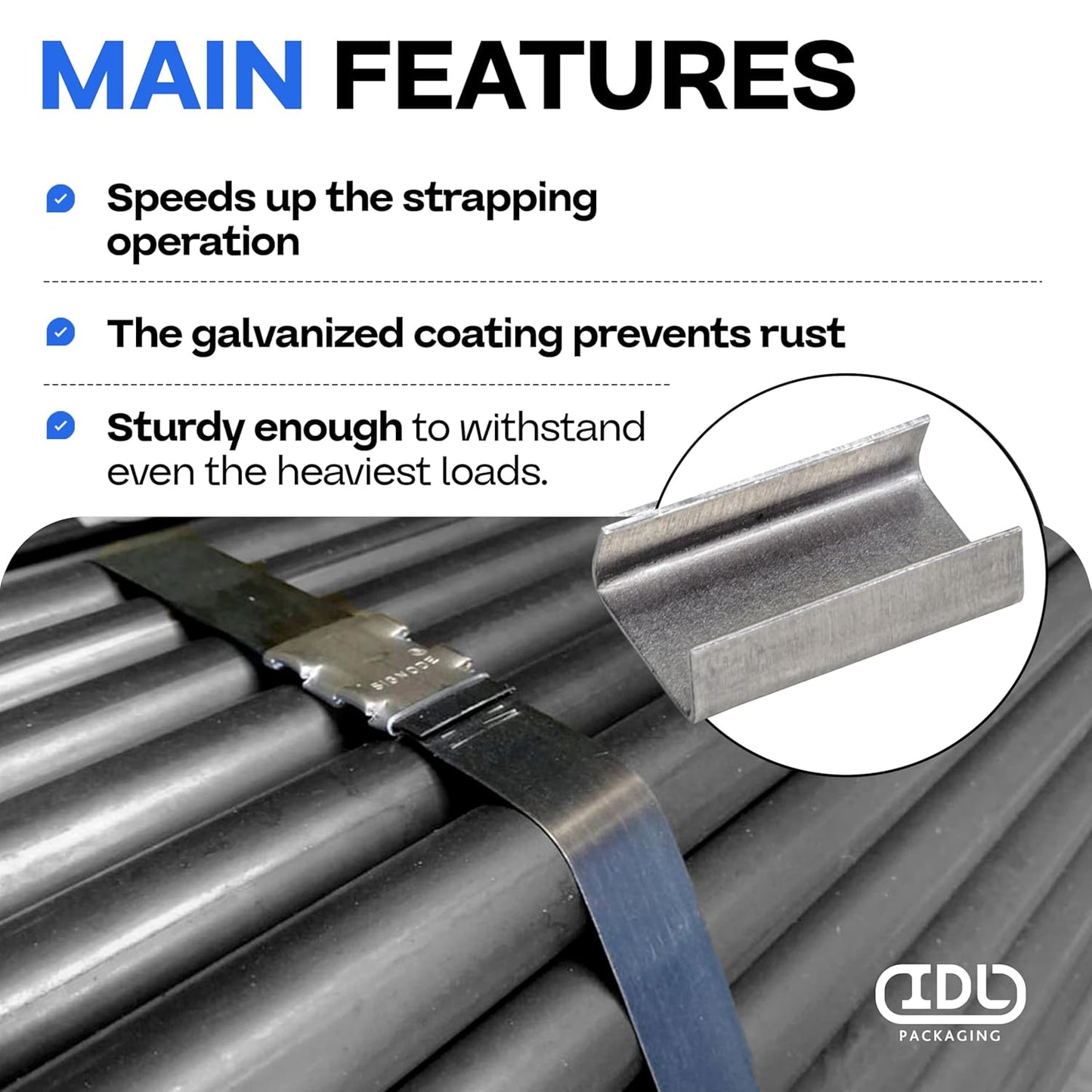 IDL Packaging Open (Snap-On) Seals for 1/2" Strap Width Steel Strapping (Pack of 1000) - Superior Holding Power - Sturdy Metal Clips for Securing Heavy Packaging and Pallet Banding