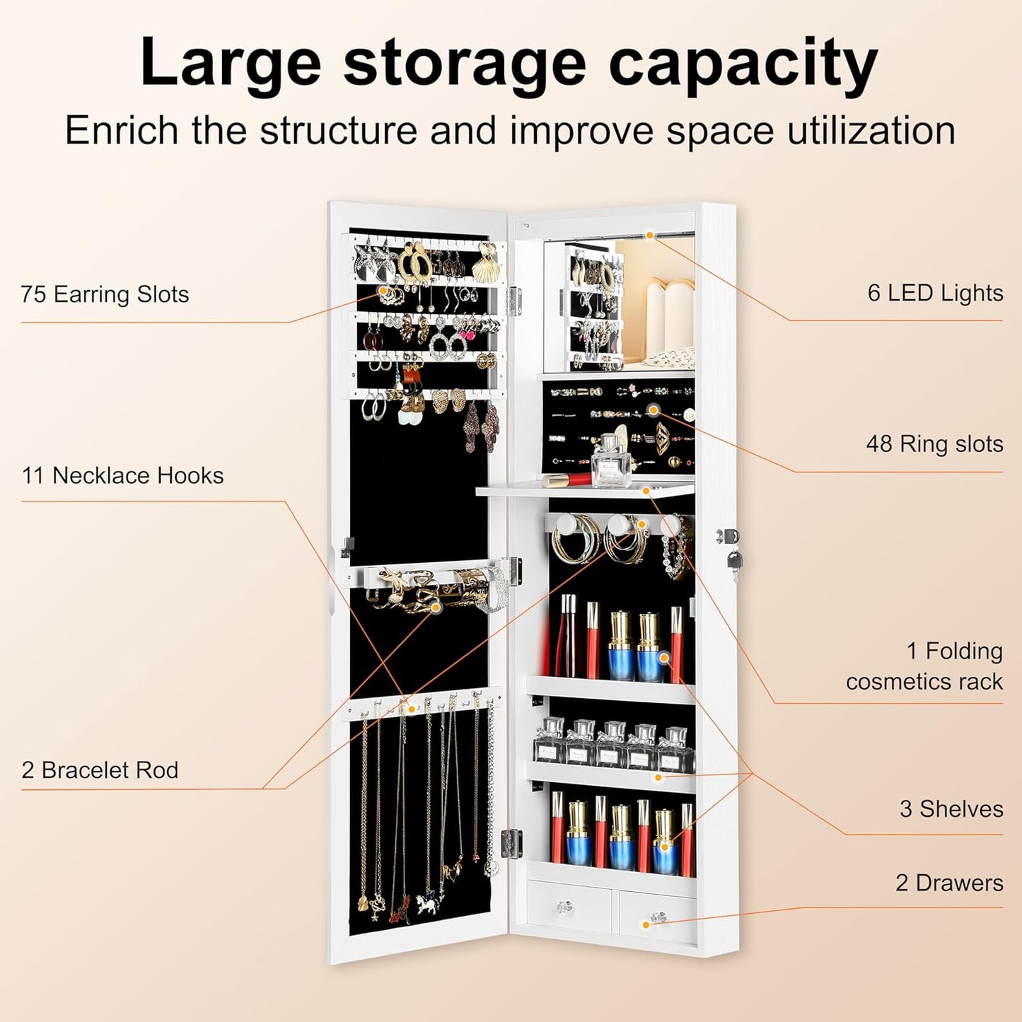 Mirror Jewelry Organizer, Wall/Door Mounted Jewelry Armoire with Full-Length Mirror,Hanging Jewelry Cabinet with LED Interior Lights, White