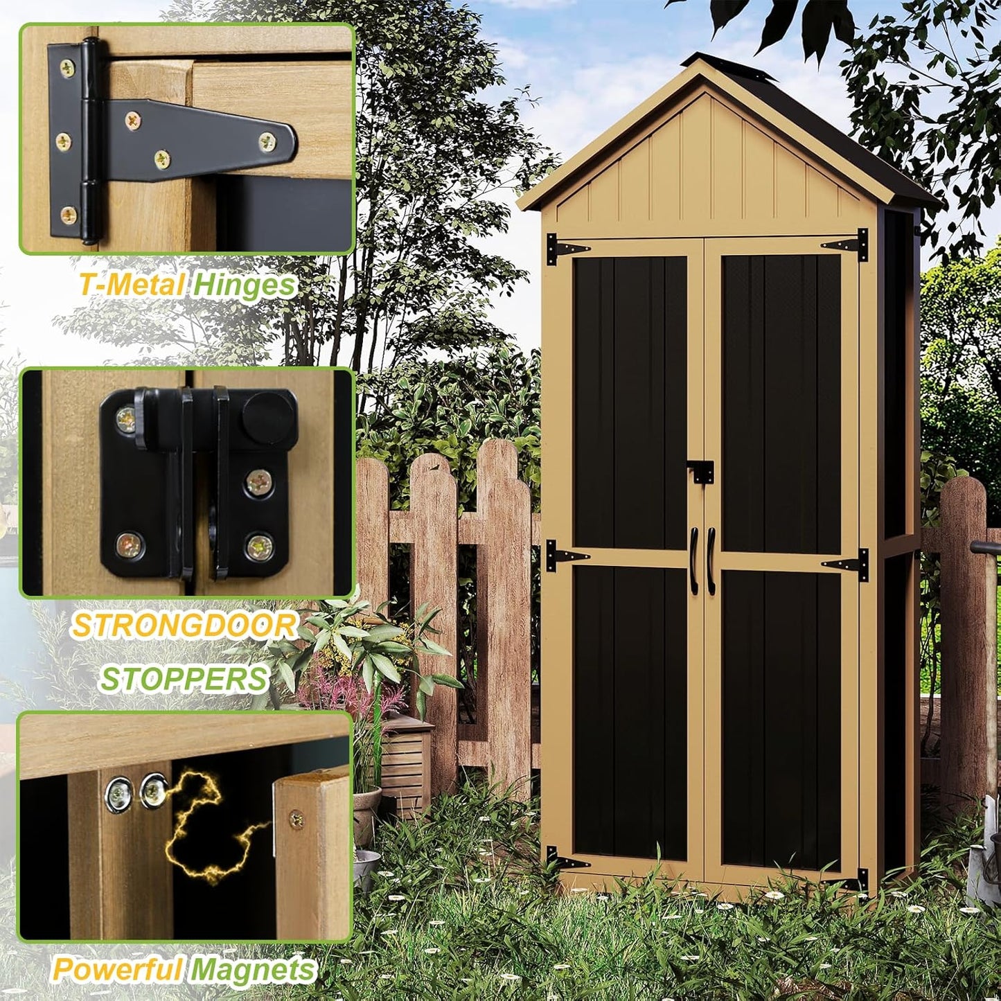 Outdoor Storage Cabinet with Shelf, Wood & Metal Storage Shed with Lockable Doors & Sloping Roof, Outdoor Cabinets for Patio Backyard, Garden Shed Tool Shed and Accessories, Brown