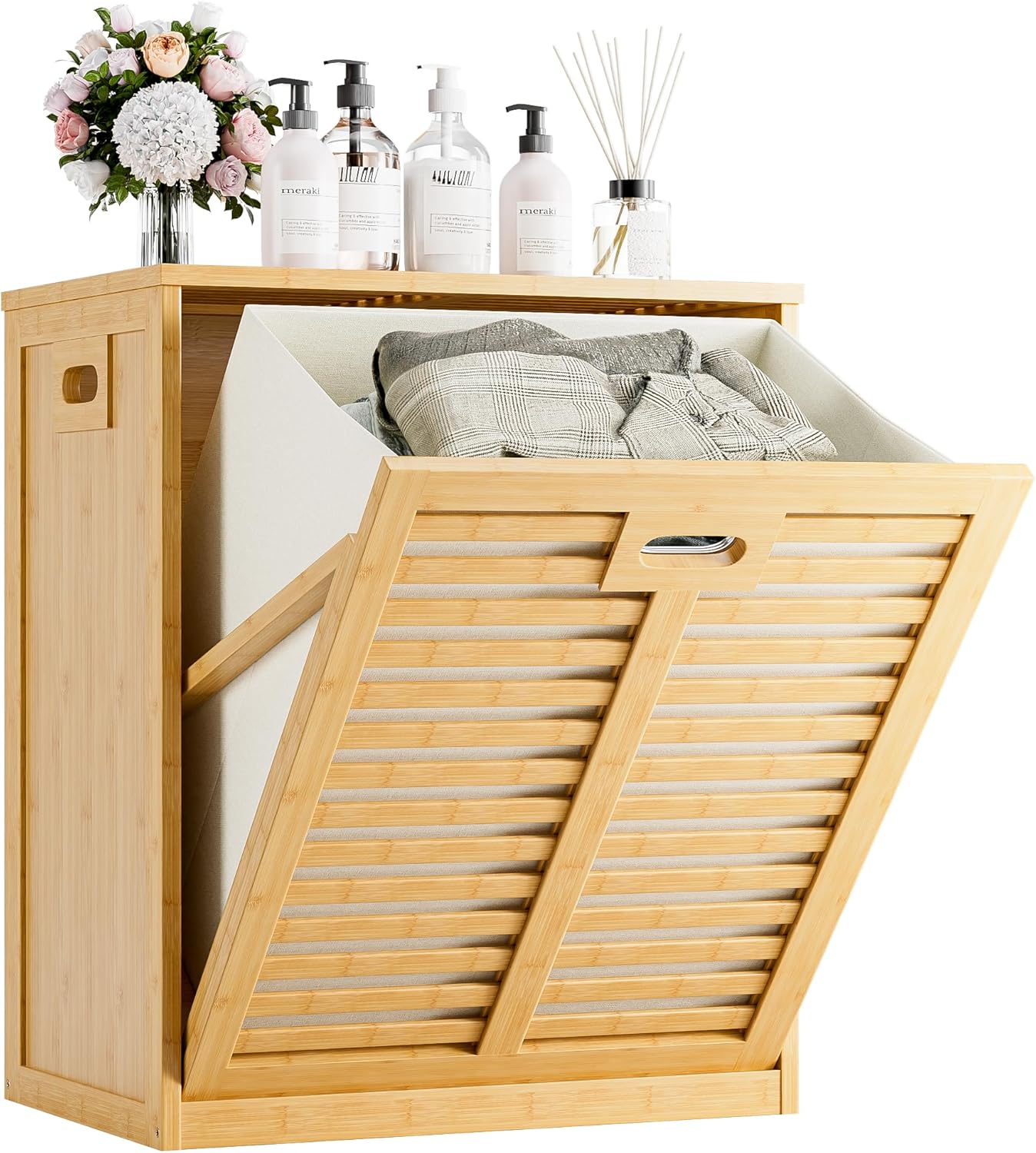 HITNET Tilt Out Laundry Hamper, Bamboo Laundry Cabinet with Hidden Removable Basket, Freestanding Clothes Storage organizer for Bedroom, Bathroom, Living Room, Natural