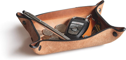 Main Street Forge Leather Valet Tray for Men – Rustic EDC Organizer for Keys, Phone & Wallet – Made in USA - Charred Oak