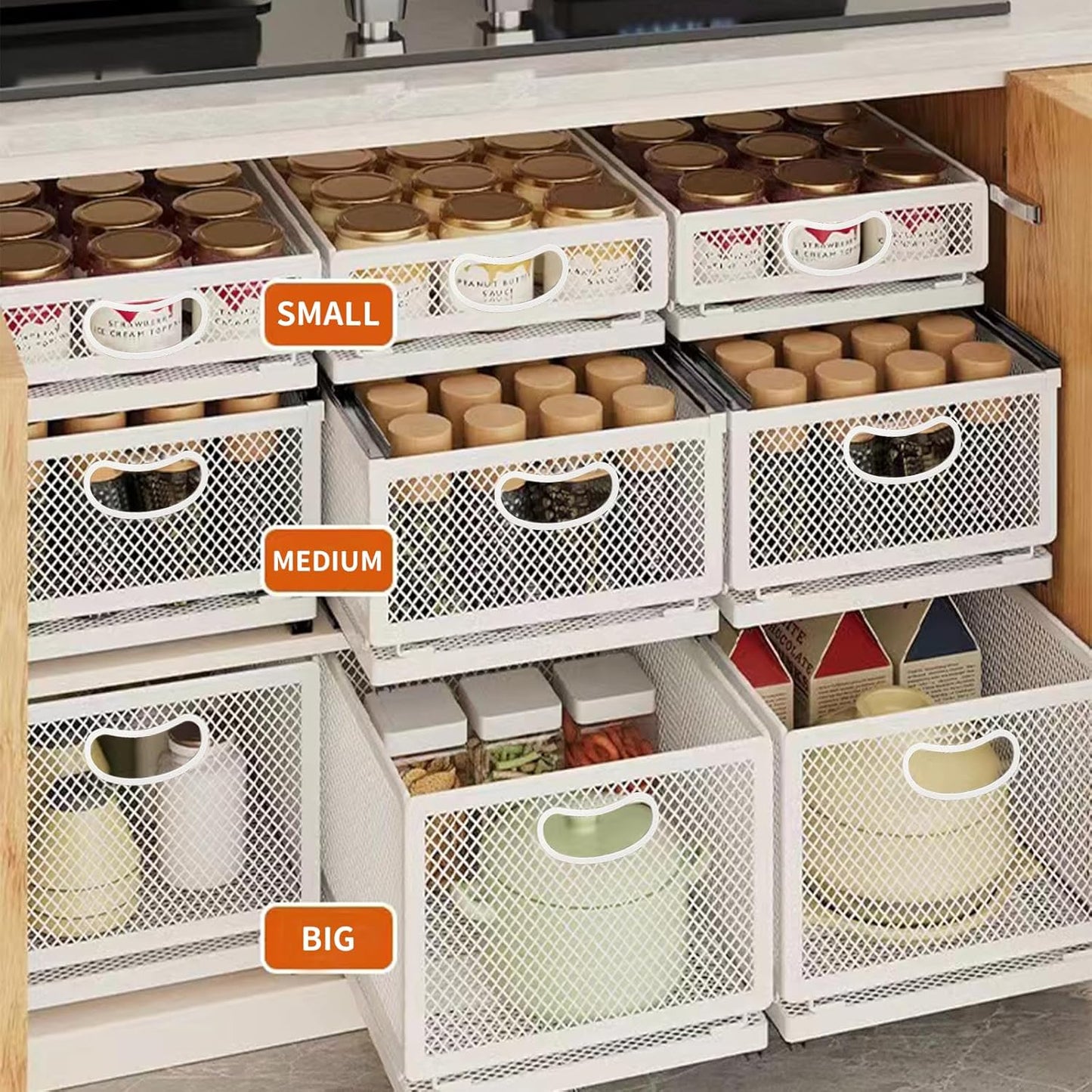 Sliding Cabinet Basket Organizer Drawer Self Adhesive Slide out Pantry Shelves Heavy Duty Carbon Steel Slide Cabinet Storage Basket with Handle for Bathroom Kitchen Home