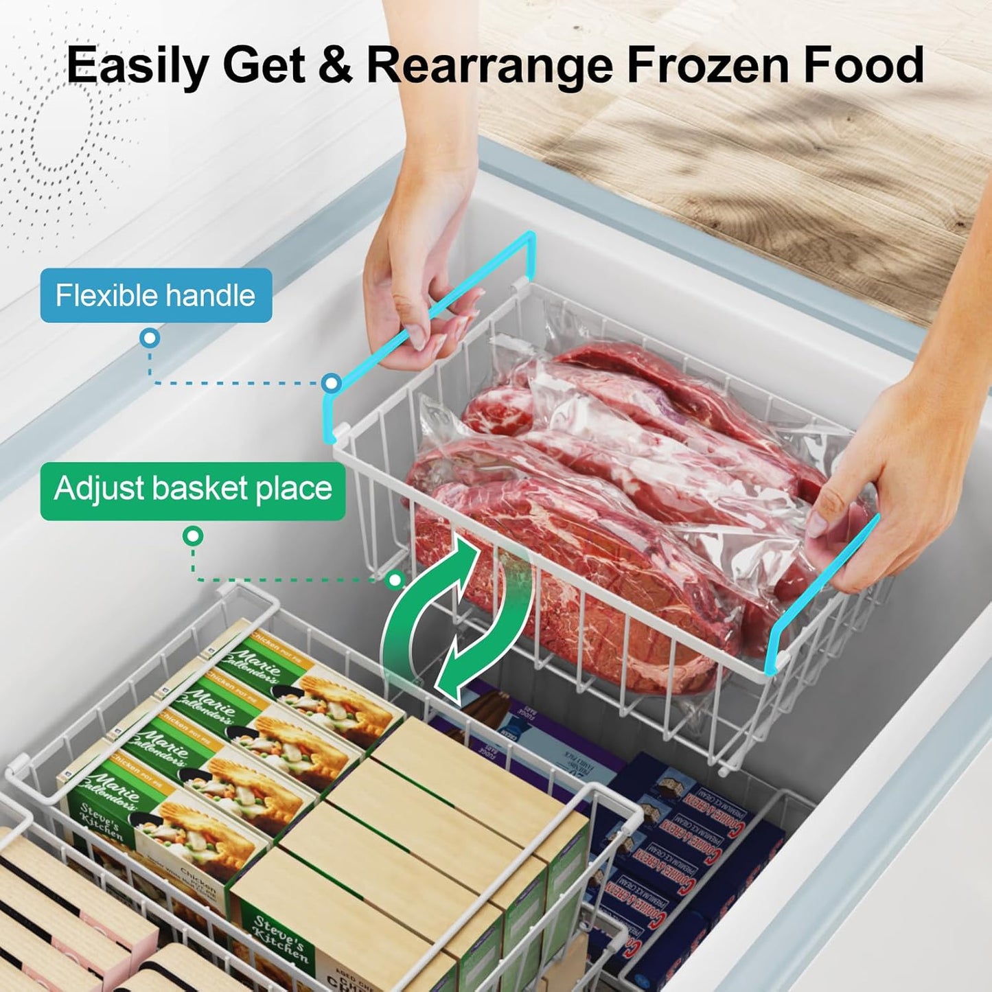 iSPECLE Freezer Organizer Bins - 4 Pack Stackable Chest Freezer Organizer for 5 Cu Ft Deep Freezer Sort Frozen Food, Deep Freezer Organizer Bins Easy to Get Food from Bottom without Digging, White