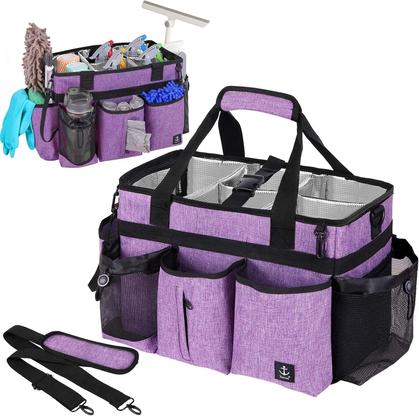 Large Cleaning Caddy Bag Built-in Sturdy Support Board, Cleaning Organizer with Detachable Divider, Cleaning Supply Tote with Adjustable Shoulder Strap&Waist Belt for Cleaners & Housekeeper