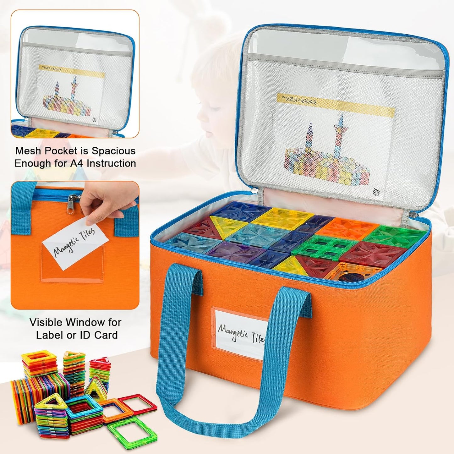3 Packs Large Magnetic Tiles Storage Bags,Magnetic Tiles Storage Bin,Toy Organizer Case with Mesh Pocket and Tag Pocket for Magnet Building Tiles,Board Game,Puzzle and Lego Bricks