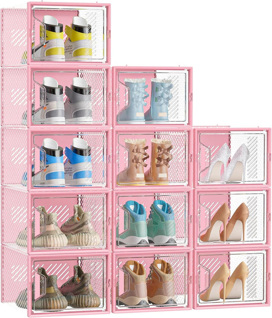 Shoe Storage, 12 Pack X-Large Shoe Organizer for Closet, Shoe Boxes Clear Plastic Stackable Shoe Storage Boxes for Size 13