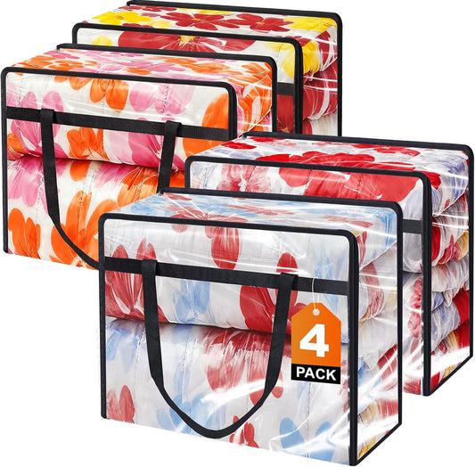 4 Pack Clear Clothes Storage Bags, Vinyl Blanket Storage Bag with Heavy-Duty Zipper, Foldable Moving Bags, Closet Organizers for Bedding, Comforter, Linens, Sweaters, Pillows, Toys (40L)