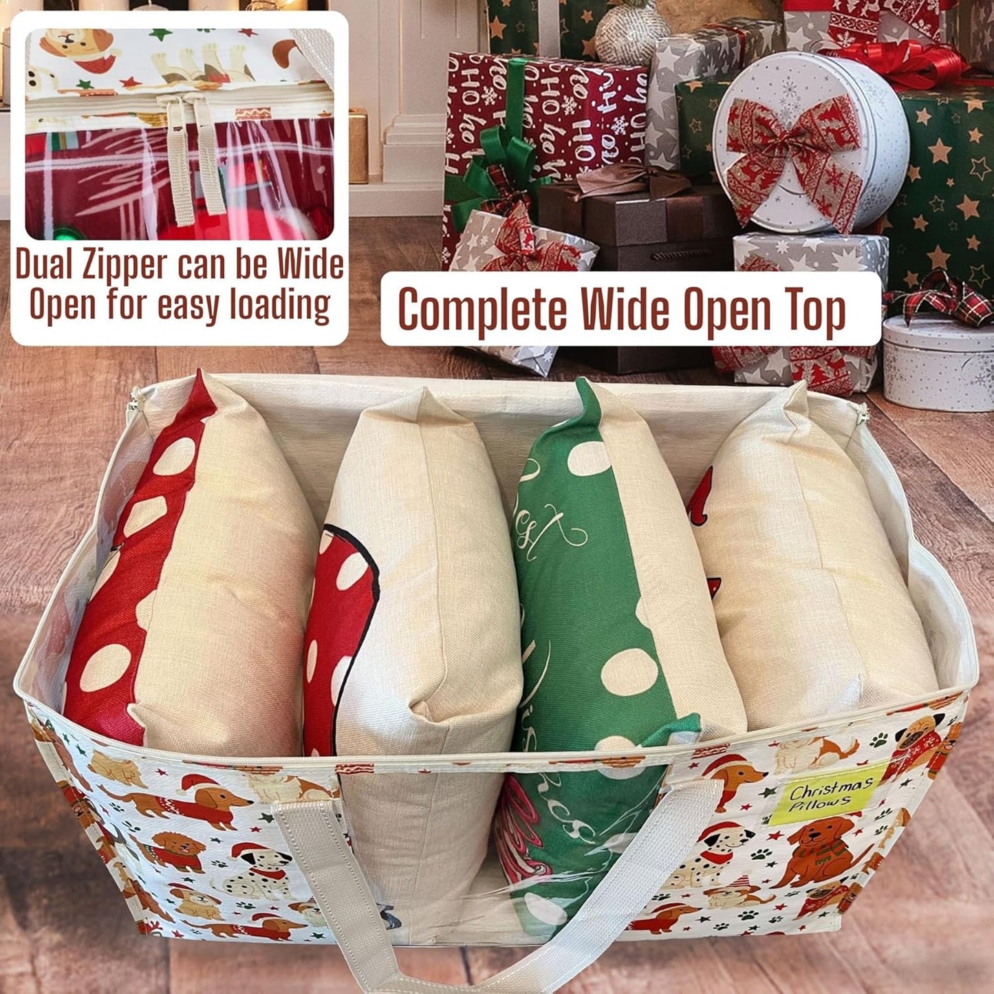 VENO 4 Pack Moving Bags, Large Christmas Storage Bins with lids, Packing Supplies for College, Alternative to Moving Boxes, Foldable, Heavy-Duty Tote, Christmas Pattern (Holiday Pups, 4 Pack)