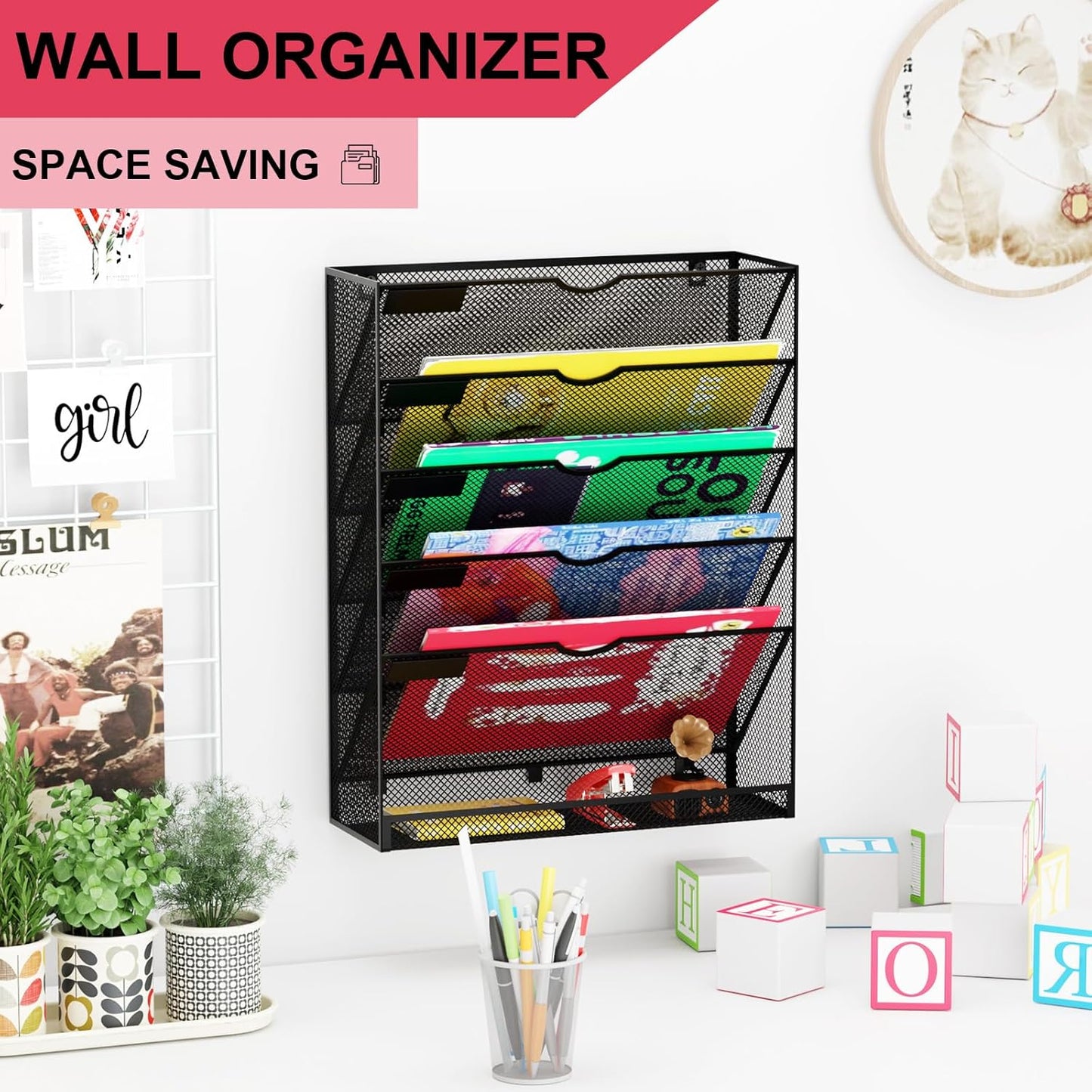 Hanging Wall File Organizer 6 Tier Wall Mounted Mail Paper Folder Holder Document Organization Stand, Vertical Desk Magazine Rack for Office Home Cubicle Countertop, Black