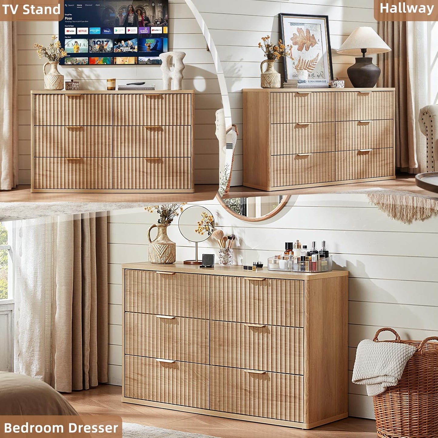 LEYAOYAO Fluted 6 Drawers Dresser Set of 2, 48" Wide Modern Chest of Drawers with Wood Grain Top, Curved Profile Design, Dresser TV Stand, Wooden Drawer Organizer for Bedroom, Living Room,Natural
