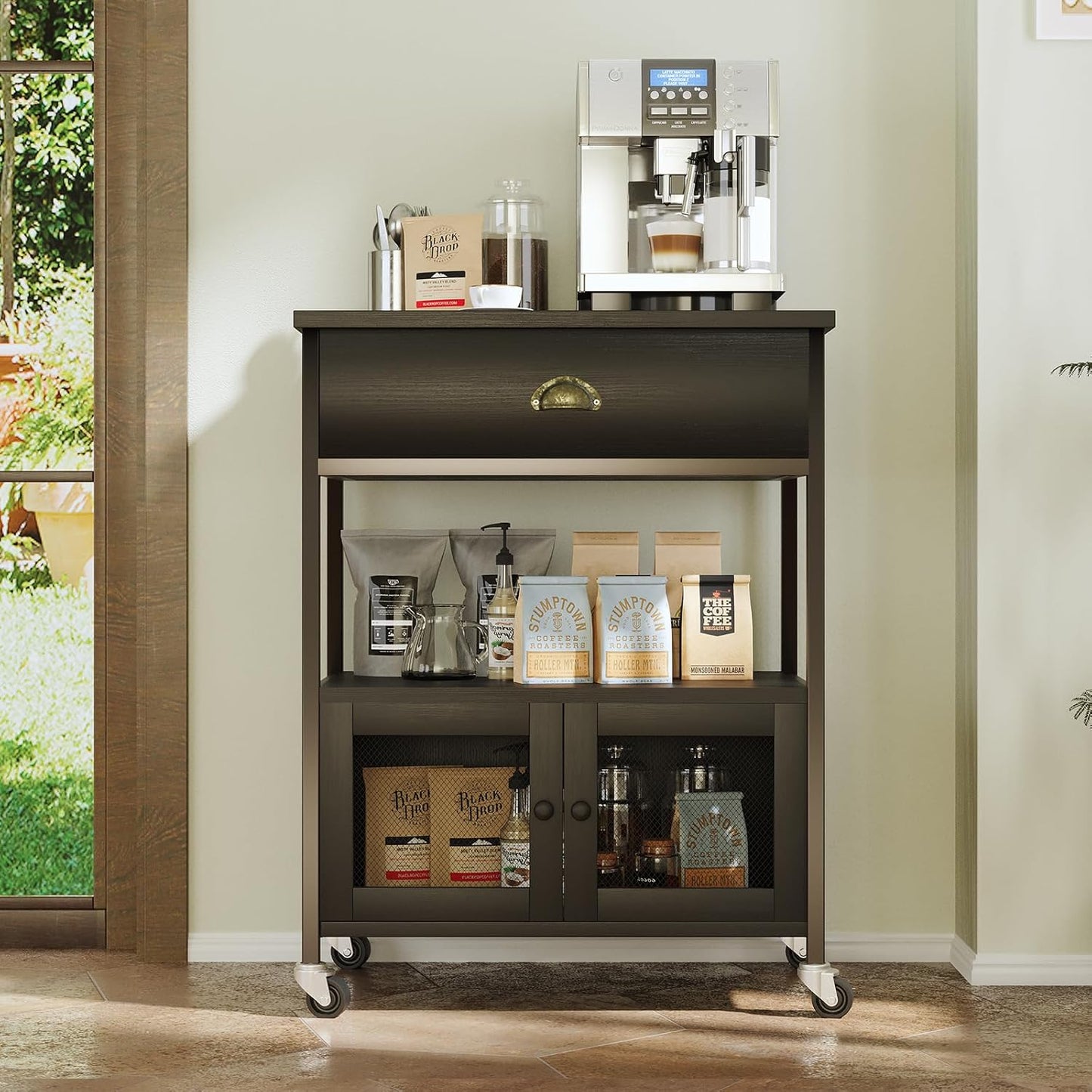 Catrimown Coffee Cart Station with Storage Drawer, Small Microwave Stand with Storage Cabinet, Coffee Stand Station, Rolling Island Cart for Living Room, Dining Room, Kitchen, Black