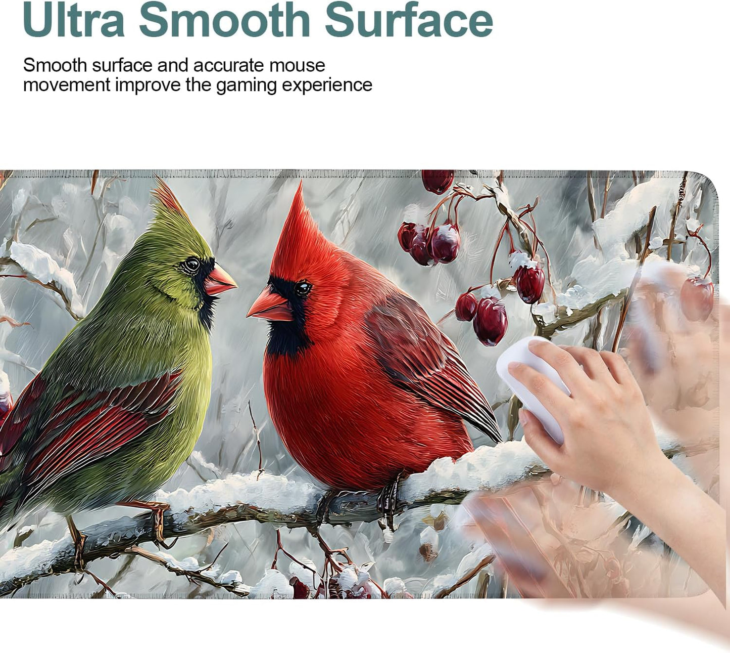Winter Cardinal Bird Gaming Mouse Pad 31.5"x11.8"Desk Mat Anti-Slip Rubber Base & Durable Stitched Edges for Gamers Smooth Mouse Writing Surface for Desk Office/Home