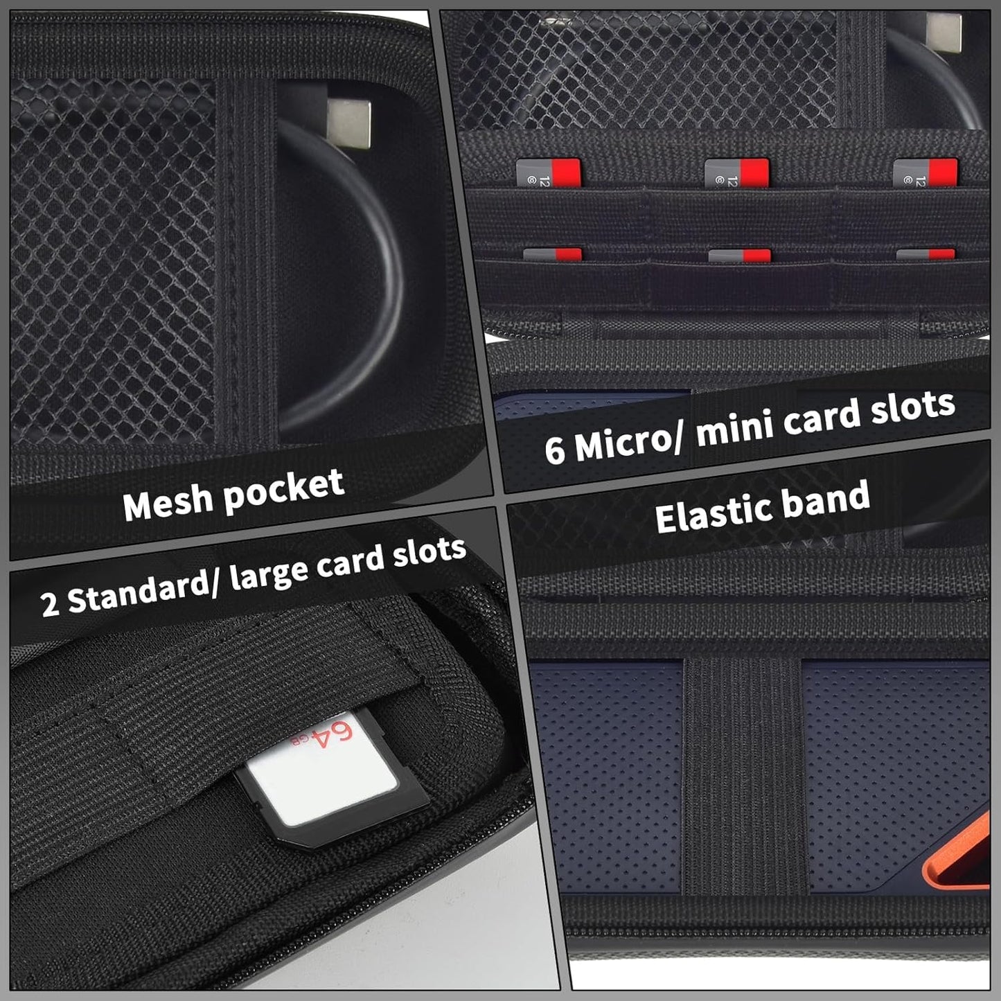 Fireproof& Waterproof Case for SanDisk Extreme Portable External SSD 500GB 1TB 2TB 4TB 8TB Solid State Drive, Zipper Travel Cable Organizer with SD SDXC SDHC Card Slots, Storage Pouch Only (Black)