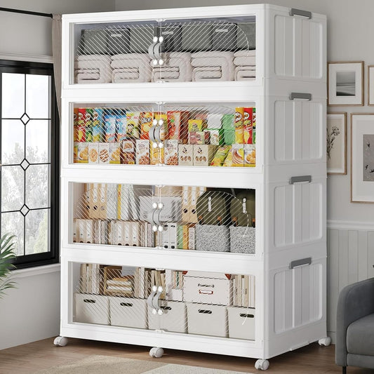 960QT Extra Large Stackable Storage Bins with Lid, 240Gal Plastic Closet Organizers and Storage Drawer, Collapsible Cabinet Box with Wheels Clear Doors for Home Kitchen Office, 4Pack White